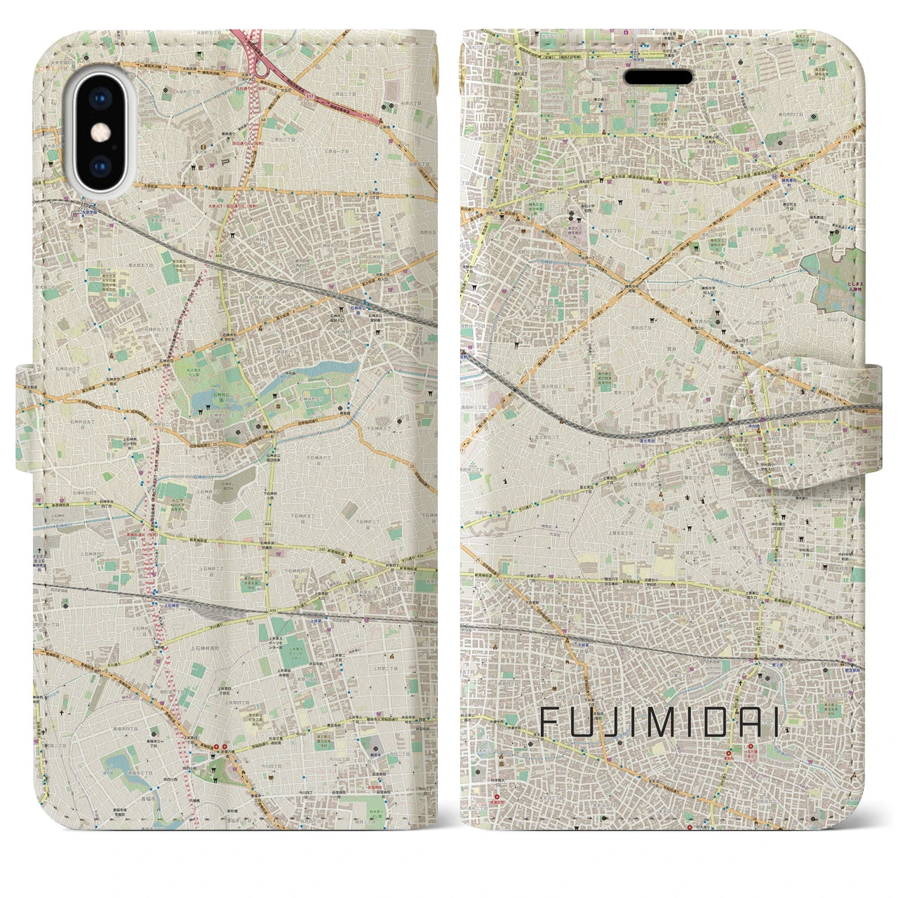 【富士見台(東京都)】地図柄iPhoneケース(手帳タイプ)ナチュラル・iPhone XS Max 用