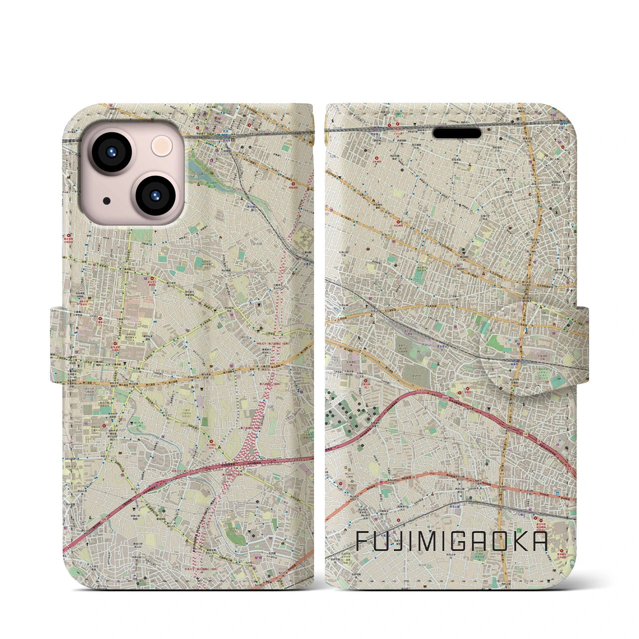 【富士見ヶ丘(東京都)】地図柄iPhoneケース(手帳タイプ)ナチュラル・iPhone 13 mini 用