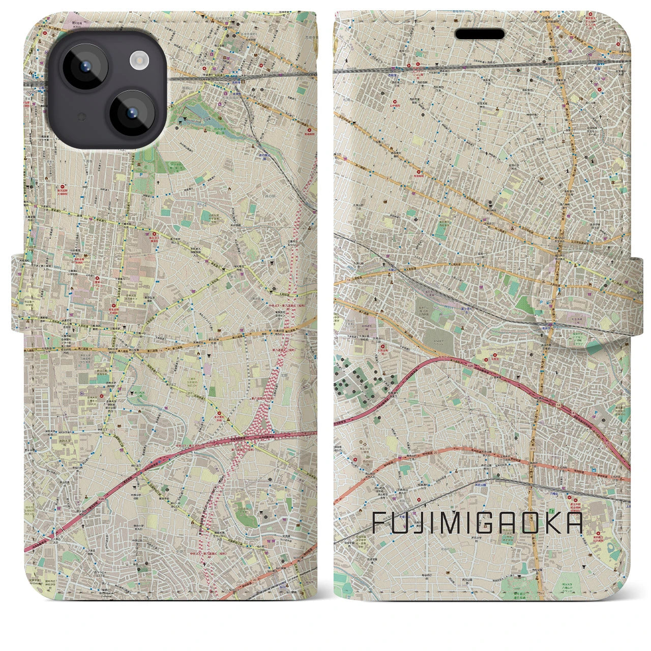 【富士見ヶ丘(東京都)】地図柄iPhoneケース(手帳タイプ)ナチュラル・iPhone 14 Plus 用