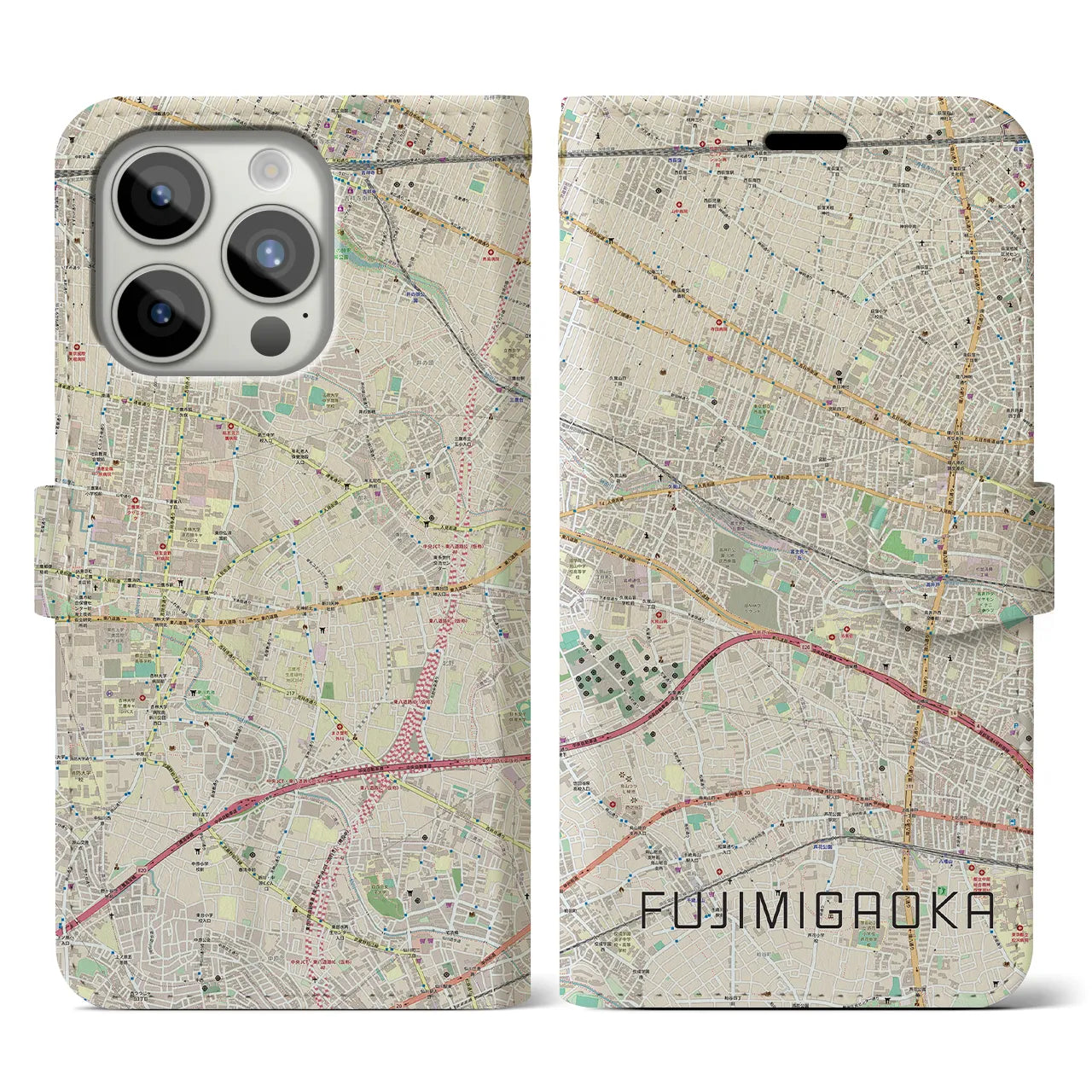 【富士見ヶ丘(東京都)】地図柄iPhoneケース(手帳タイプ)ナチュラル・iPhone 15 Pro 用