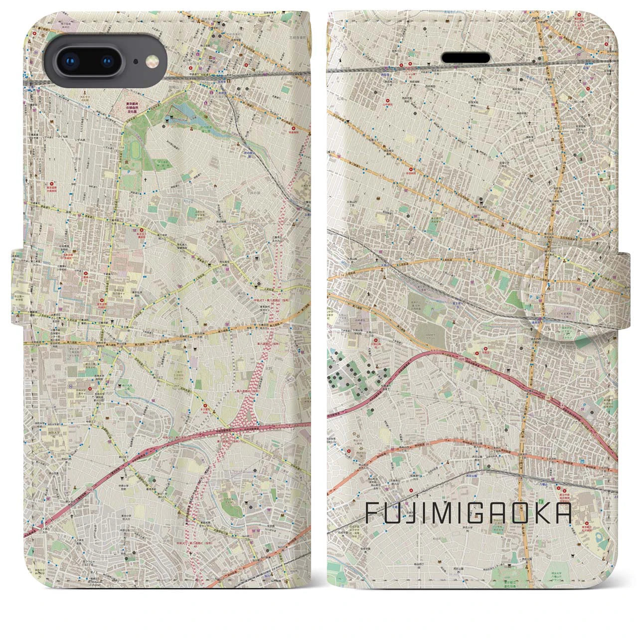 【富士見ヶ丘(東京都)】地図柄iPhoneケース(手帳タイプ)ナチュラル・iPhone 8Plus /7Plus / 6sPlus / 6Plus 用