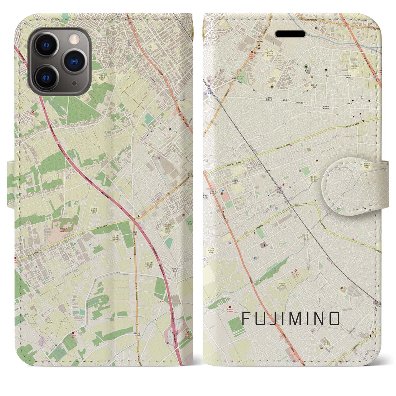 【ふじみ野(埼玉県)】地図柄iPhoneケース(手帳タイプ)ナチュラル・iPhone 11 Pro Max 用