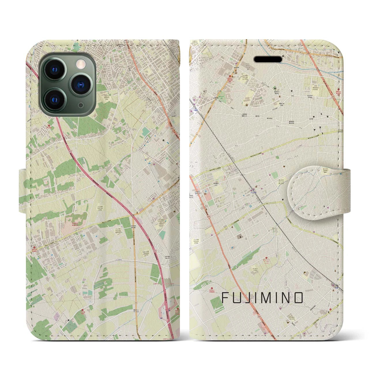 【ふじみ野(埼玉県)】地図柄iPhoneケース(手帳タイプ)ナチュラル・iPhone 11 Pro 用