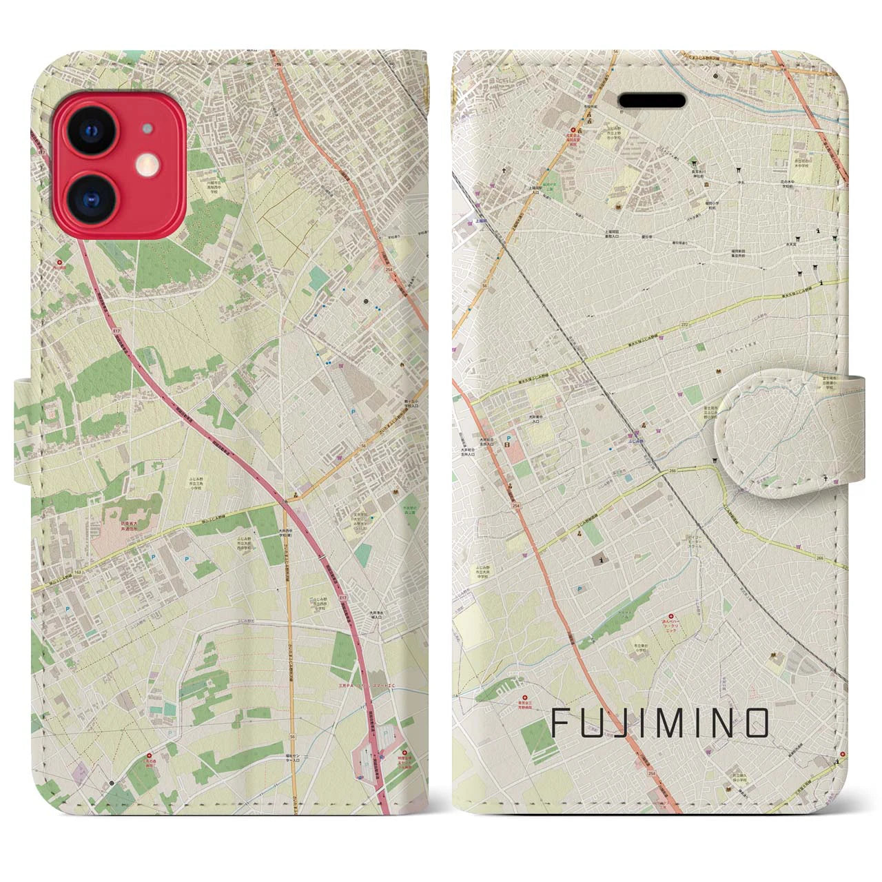【ふじみ野(埼玉県)】地図柄iPhoneケース(手帳タイプ)ナチュラル・iPhone 11 用