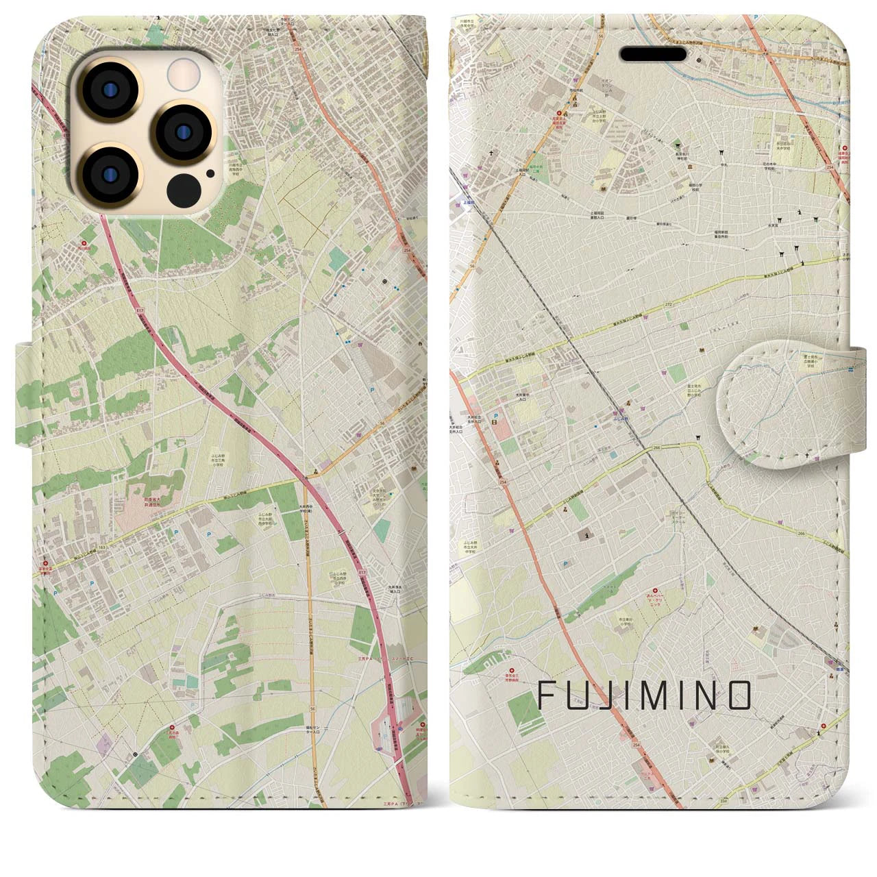 【ふじみ野(埼玉県)】地図柄iPhoneケース(手帳タイプ)ナチュラル・iPhone 12 Pro Max 用