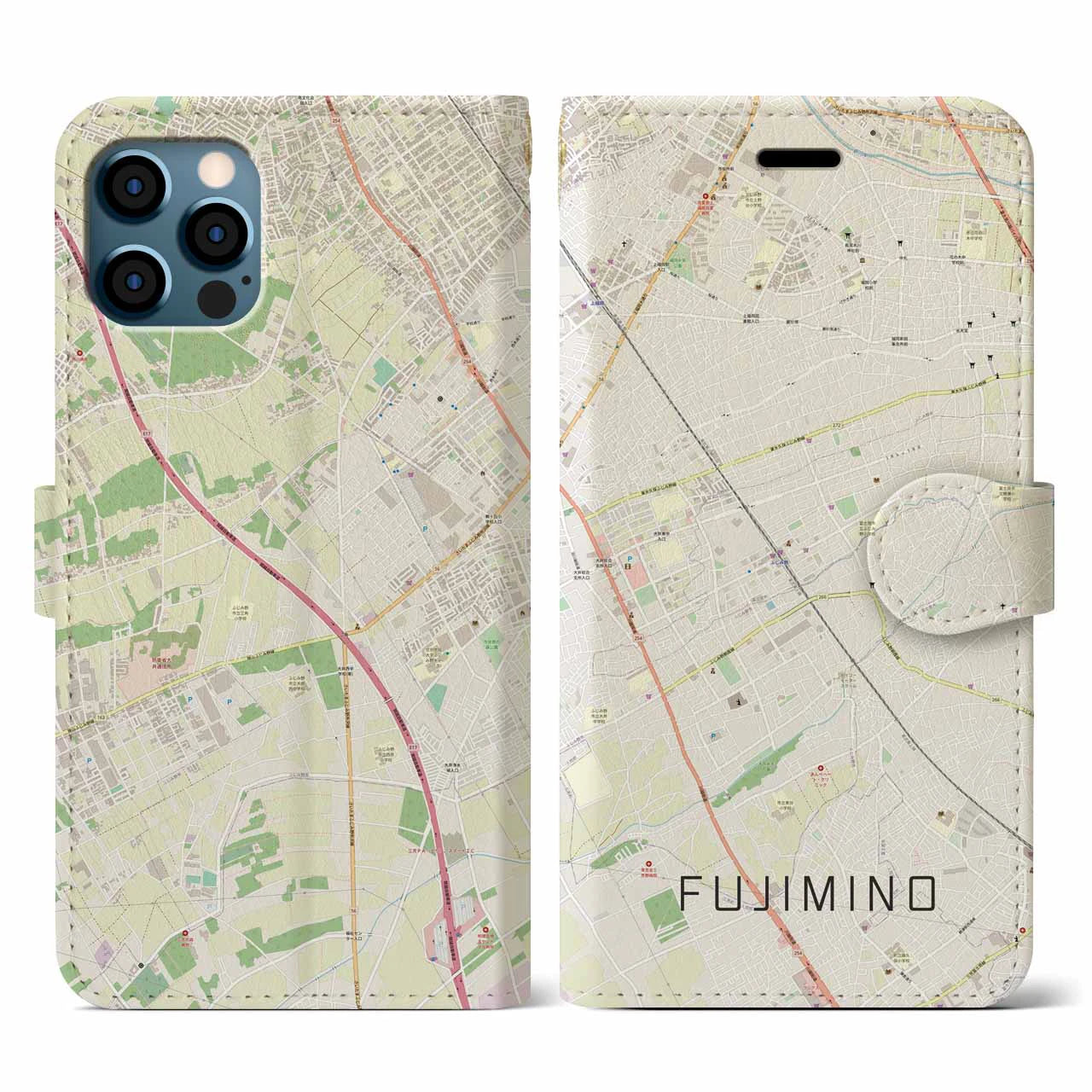 【ふじみ野(埼玉県)】地図柄iPhoneケース(手帳タイプ)ナチュラル・iPhone 12 / 12 Pro 用