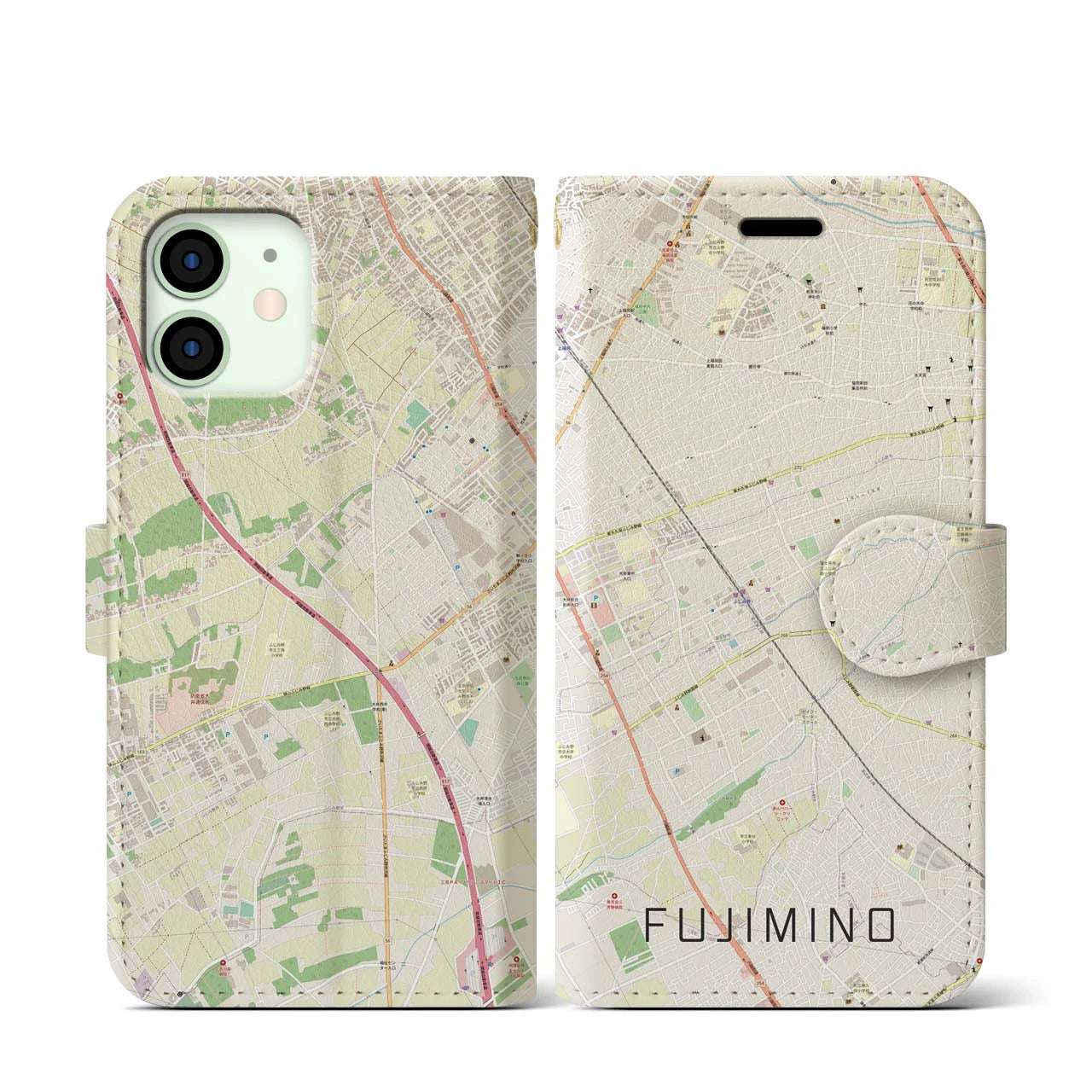 【ふじみ野(埼玉県)】地図柄iPhoneケース(手帳タイプ)ナチュラル・iPhone 12 mini 用