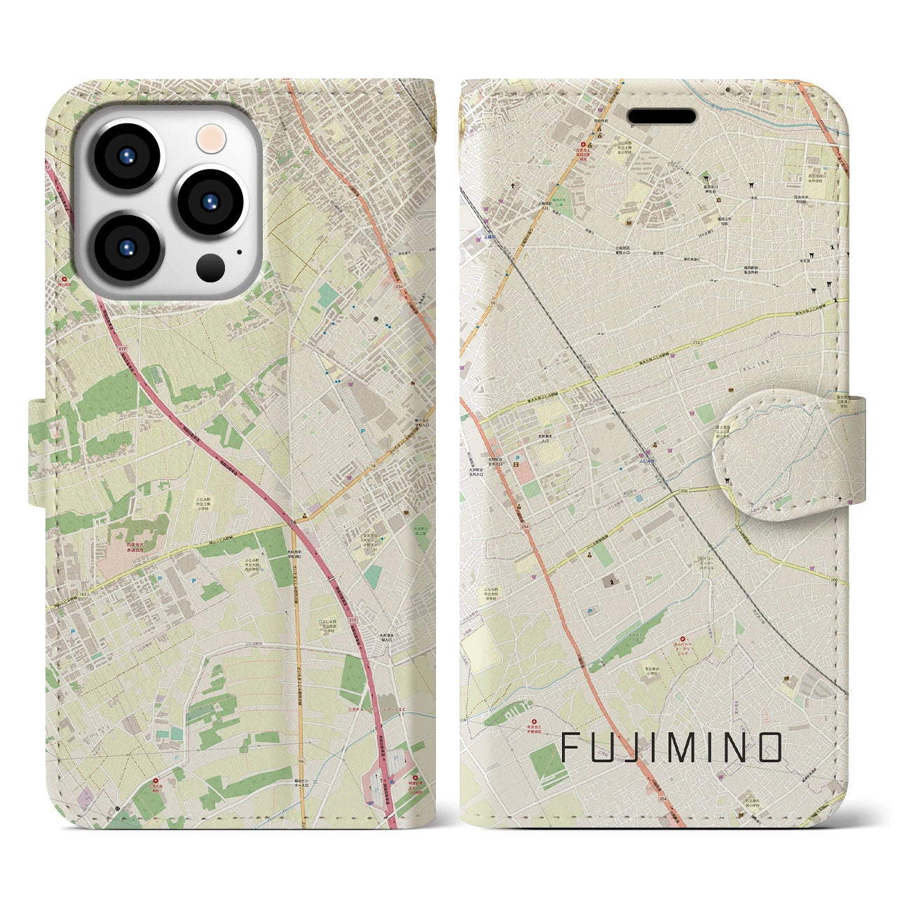 【ふじみ野(埼玉県)】地図柄iPhoneケース(手帳タイプ)ナチュラル・iPhone 13 Pro 用