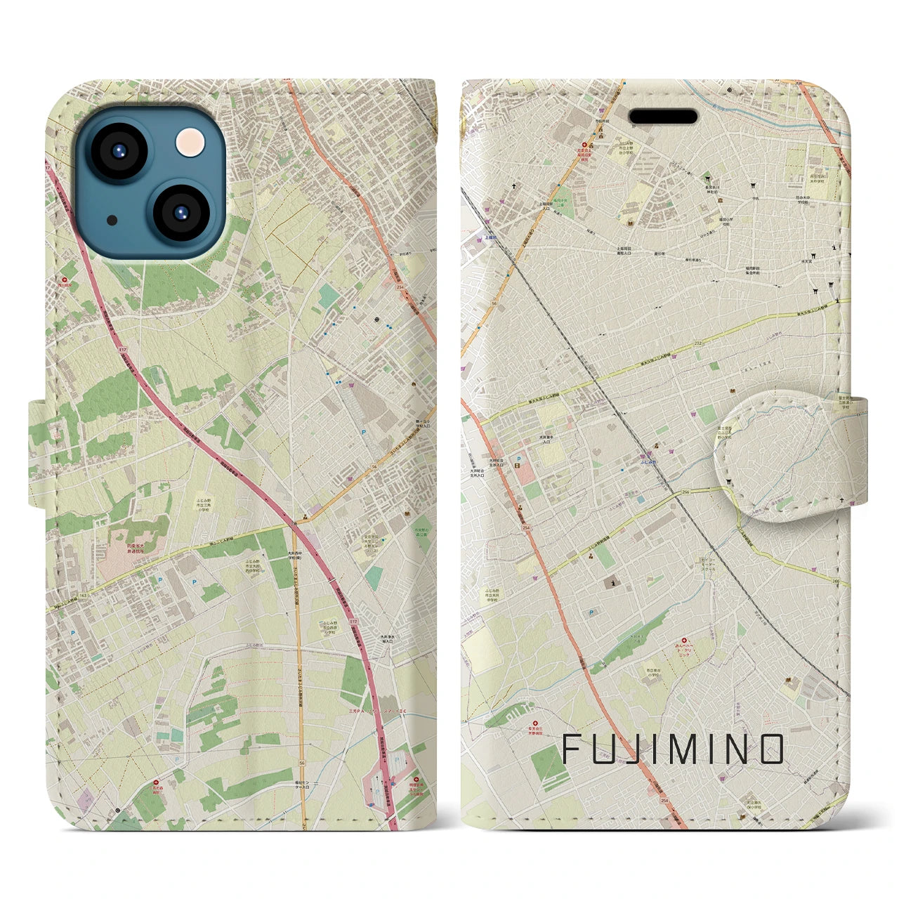 【ふじみ野(埼玉県)】地図柄iPhoneケース(手帳タイプ)ナチュラル・iPhone 13 用