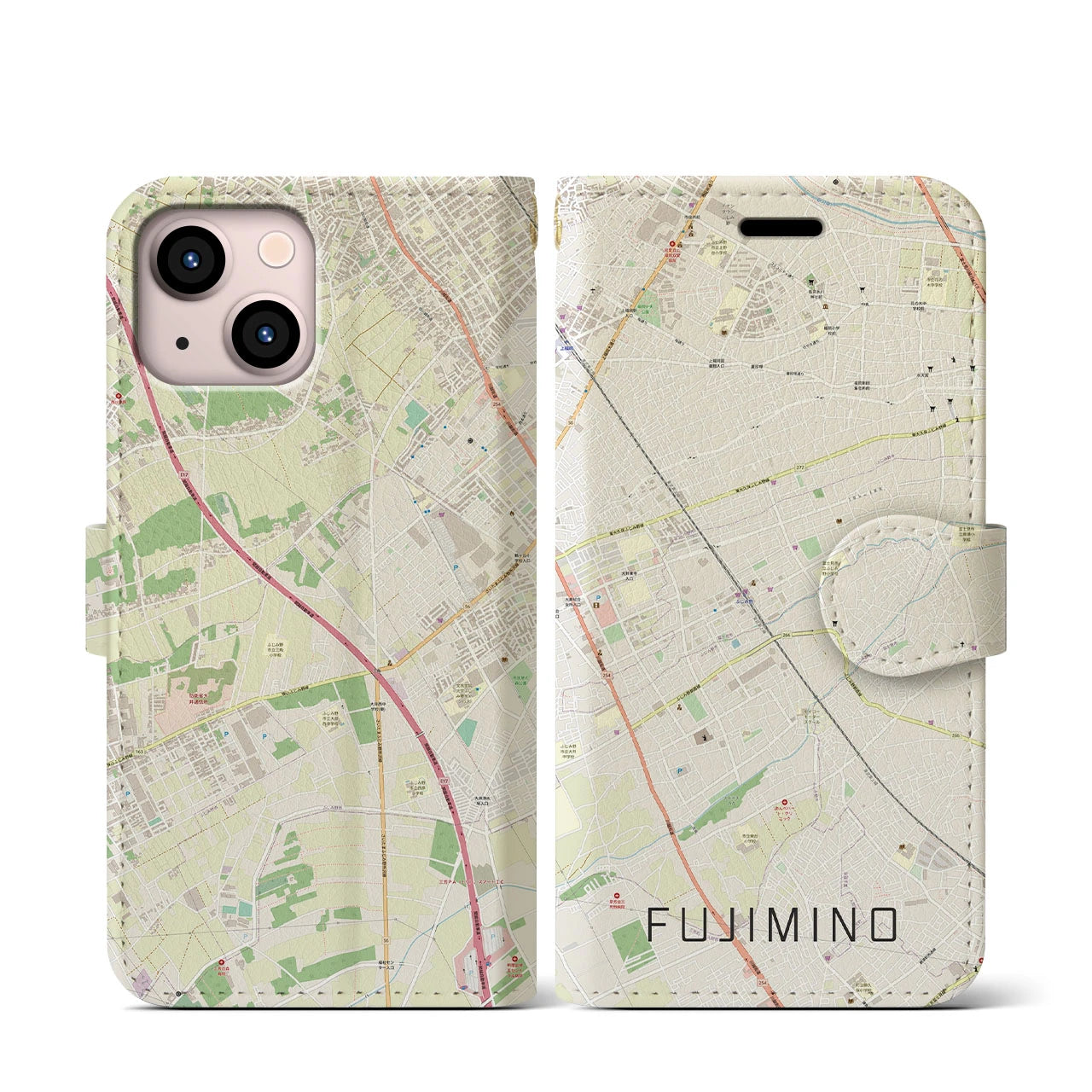 【ふじみ野(埼玉県)】地図柄iPhoneケース(手帳タイプ)ナチュラル・iPhone 13 mini 用