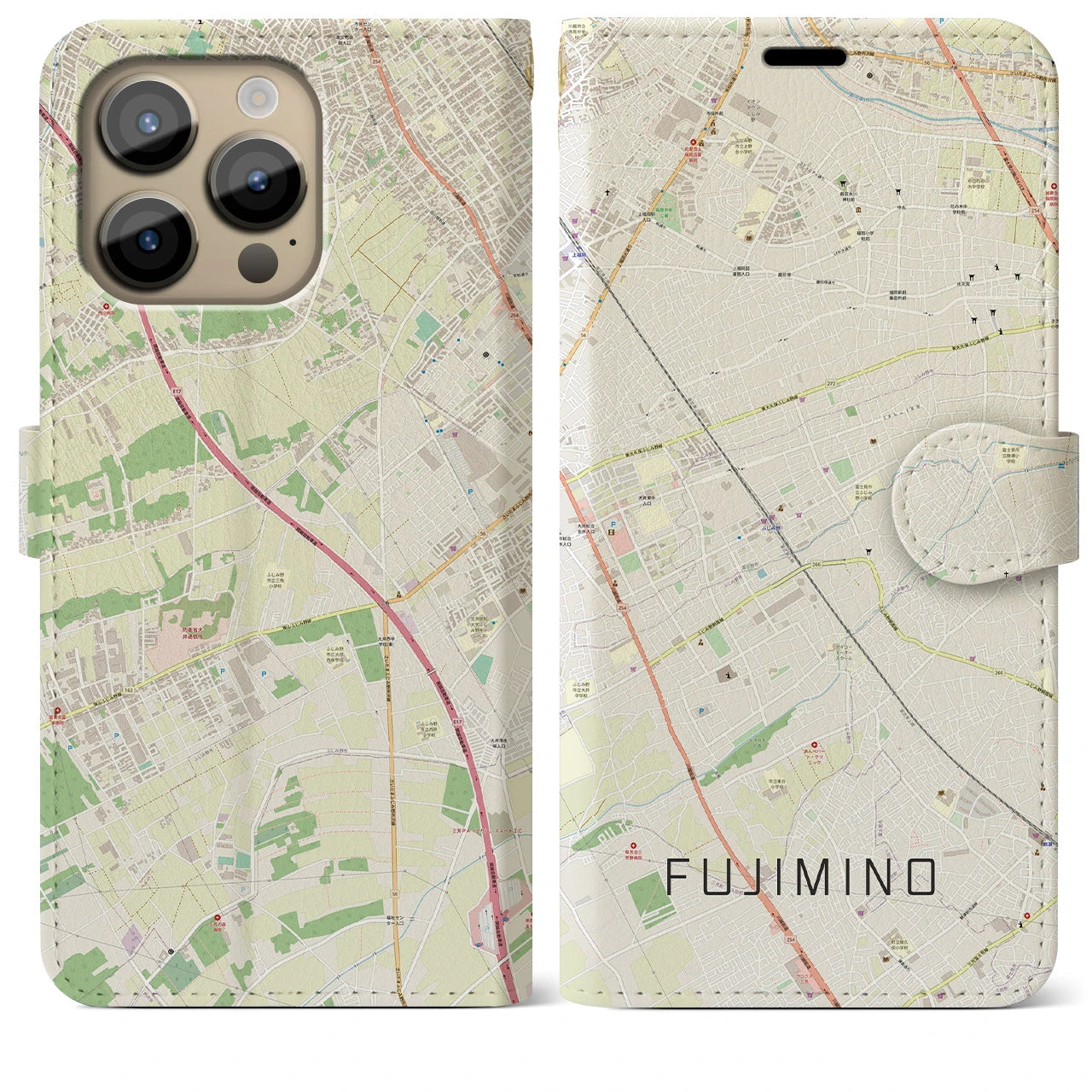 【ふじみ野(埼玉県)】地図柄iPhoneケース(手帳タイプ)ナチュラル・iPhone 14 Pro Max 用