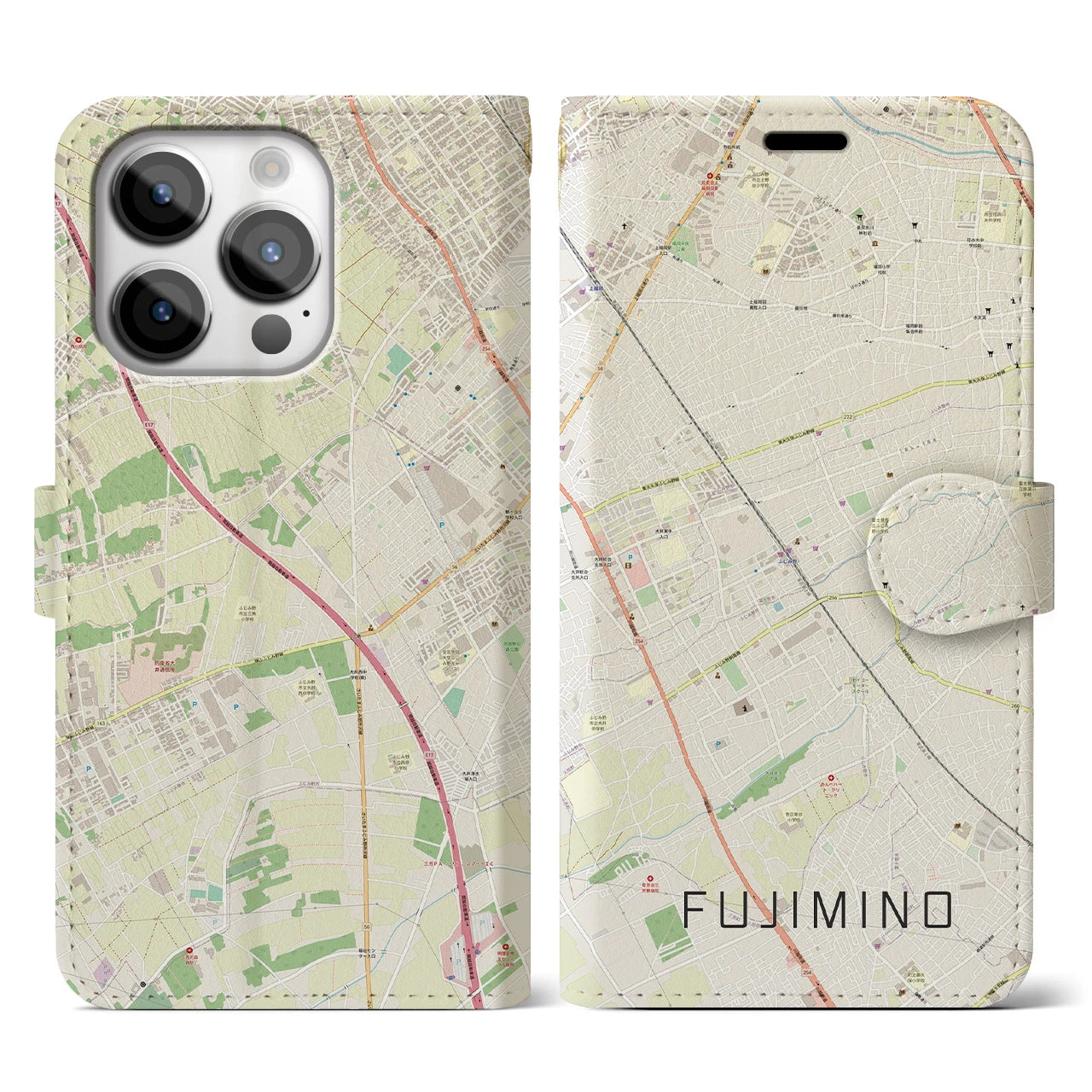 【ふじみ野(埼玉県)】地図柄iPhoneケース(手帳タイプ)ナチュラル・iPhone 14 Pro 用
