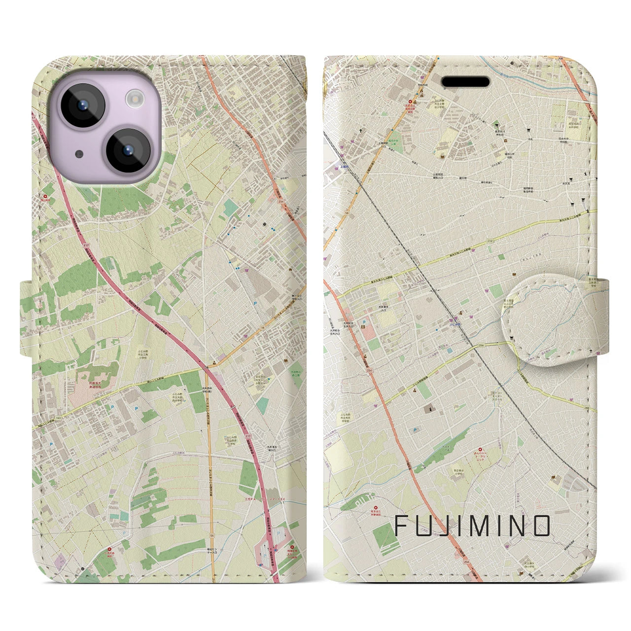 【ふじみ野(埼玉県)】地図柄iPhoneケース(手帳タイプ)ナチュラル・iPhone 14 用