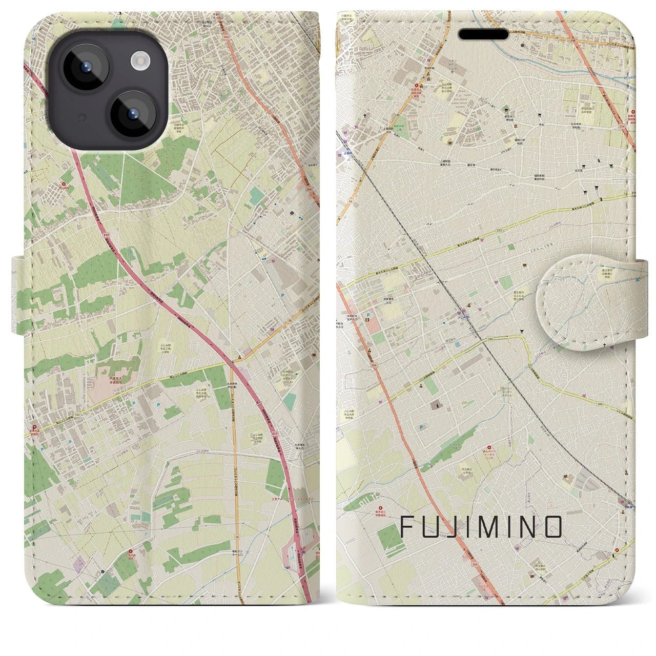 【ふじみ野(埼玉県)】地図柄iPhoneケース(手帳タイプ)ナチュラル・iPhone 14 Plus 用
