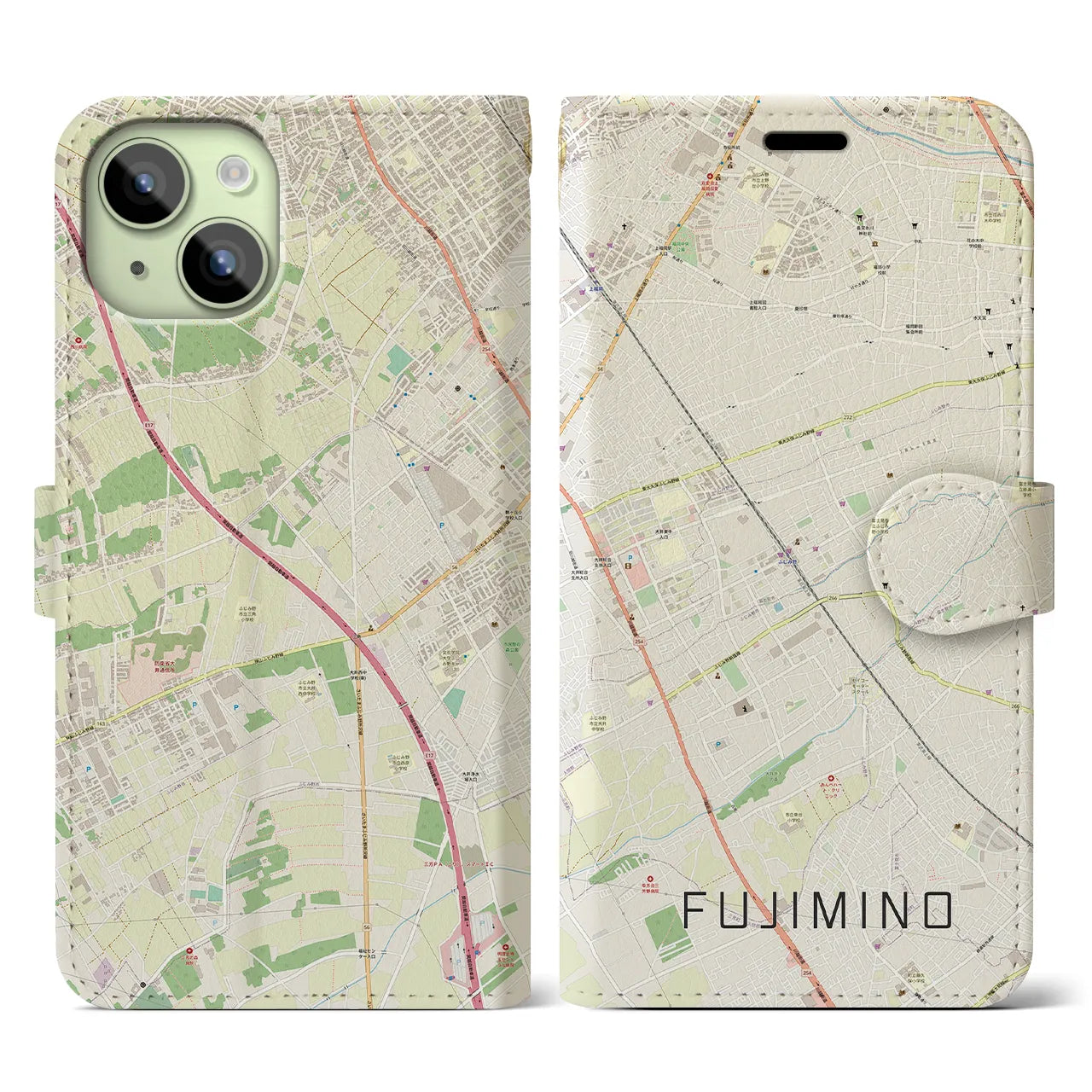 【ふじみ野(埼玉県)】地図柄iPhoneケース(手帳タイプ)ナチュラル・iPhone 15 用