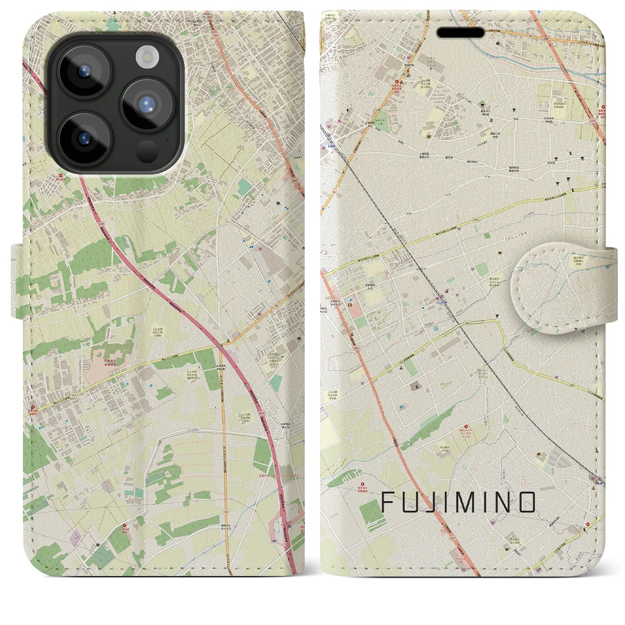 【ふじみ野(埼玉県)】地図柄iPhoneケース(手帳タイプ)ナチュラル・iPhone 15 Pro Max 用