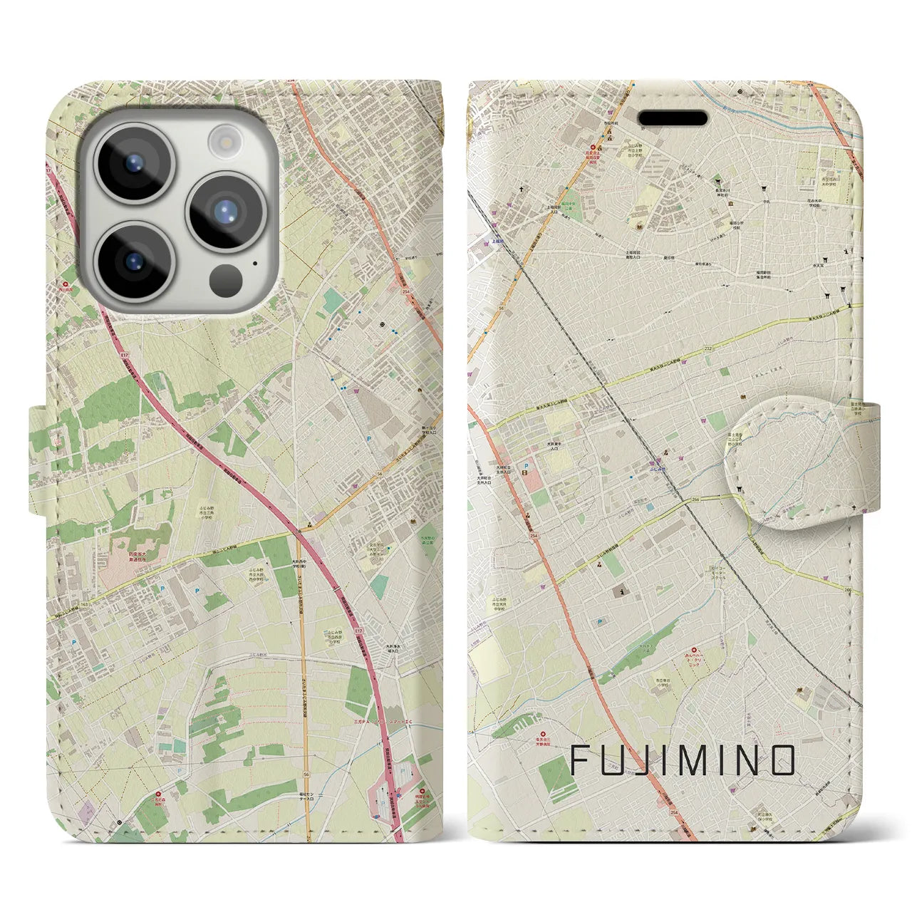 【ふじみ野(埼玉県)】地図柄iPhoneケース(手帳タイプ)ナチュラル・iPhone 15 Pro 用