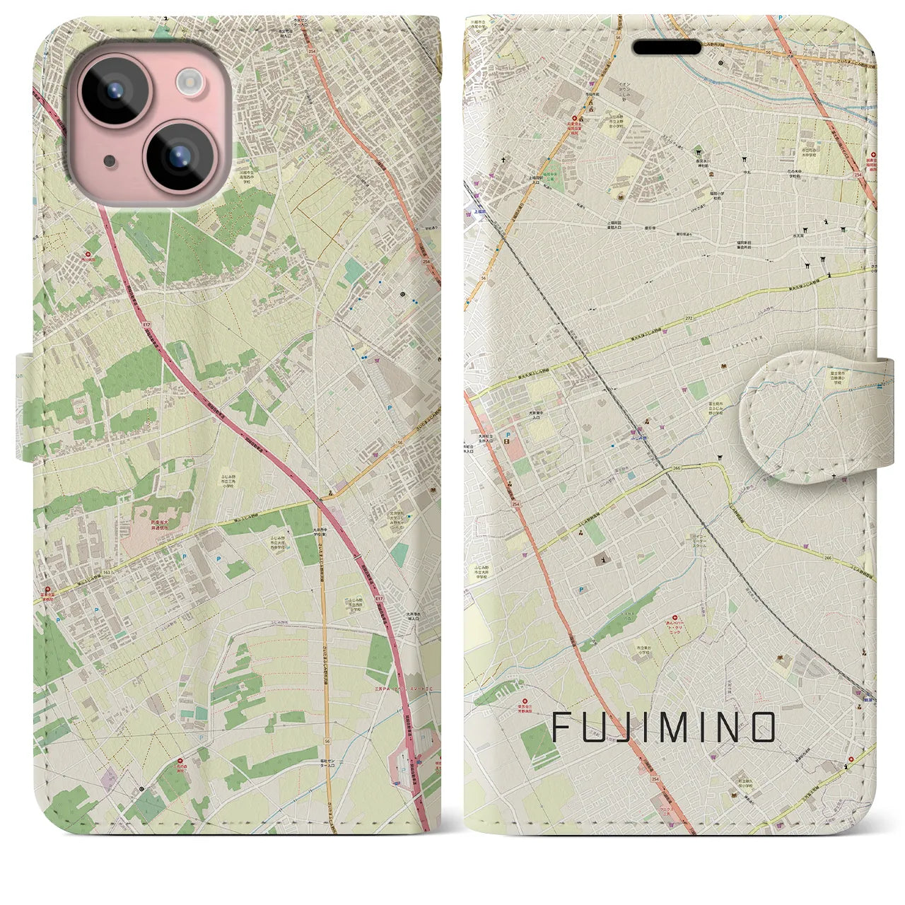 【ふじみ野(埼玉県)】地図柄iPhoneケース(手帳タイプ)ナチュラル・iPhone 15 Plus 用