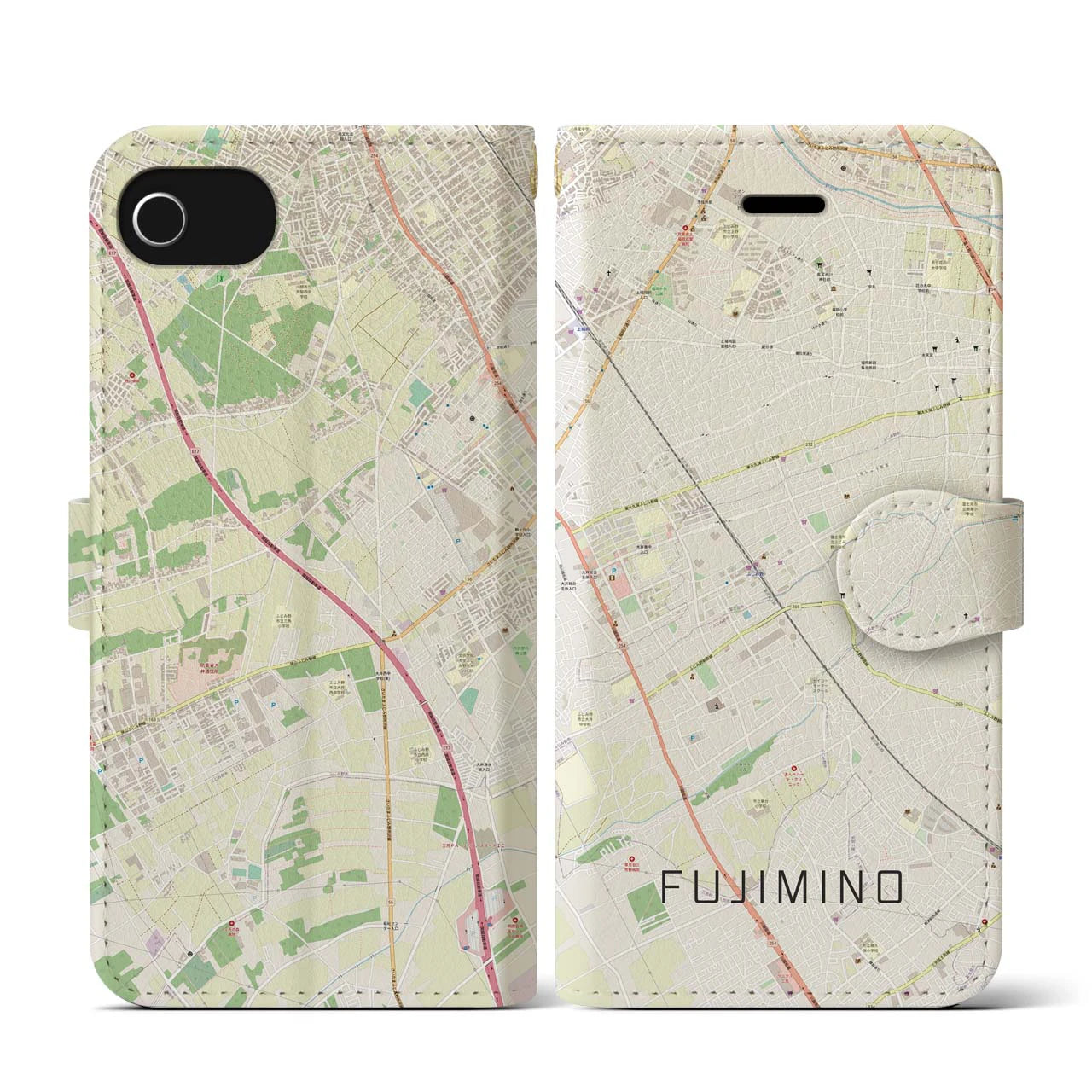 【ふじみ野(埼玉県)】地図柄iPhoneケース(手帳タイプ)ナチュラル・iPhone SE(第3 / 第2世代) / 8 / 7 / 6s / 6 用