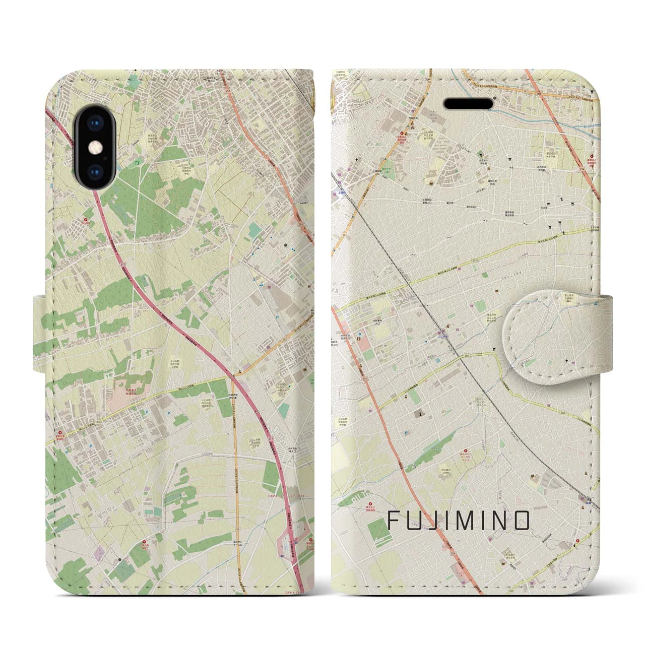【ふじみ野(埼玉県)】地図柄iPhoneケース(手帳タイプ)ナチュラル・iPhone XS / X 用