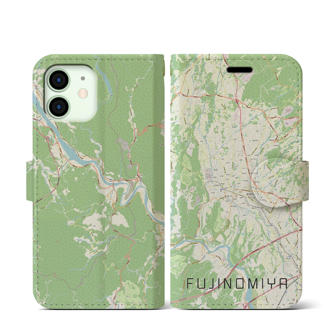 【富士宮(静岡県)】地図柄iPhoneケース(手帳タイプ)ナチュラル・iPhone 12 mini 用