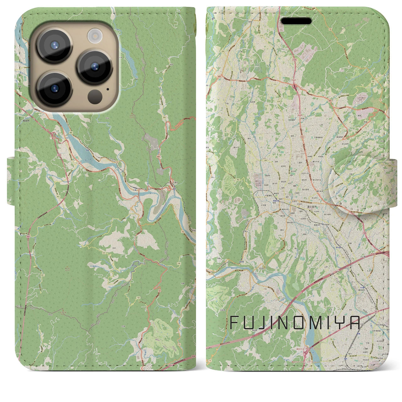 【富士宮(静岡県)】地図柄iPhoneケース(手帳タイプ)ナチュラル・iPhone 14 Pro Max 用