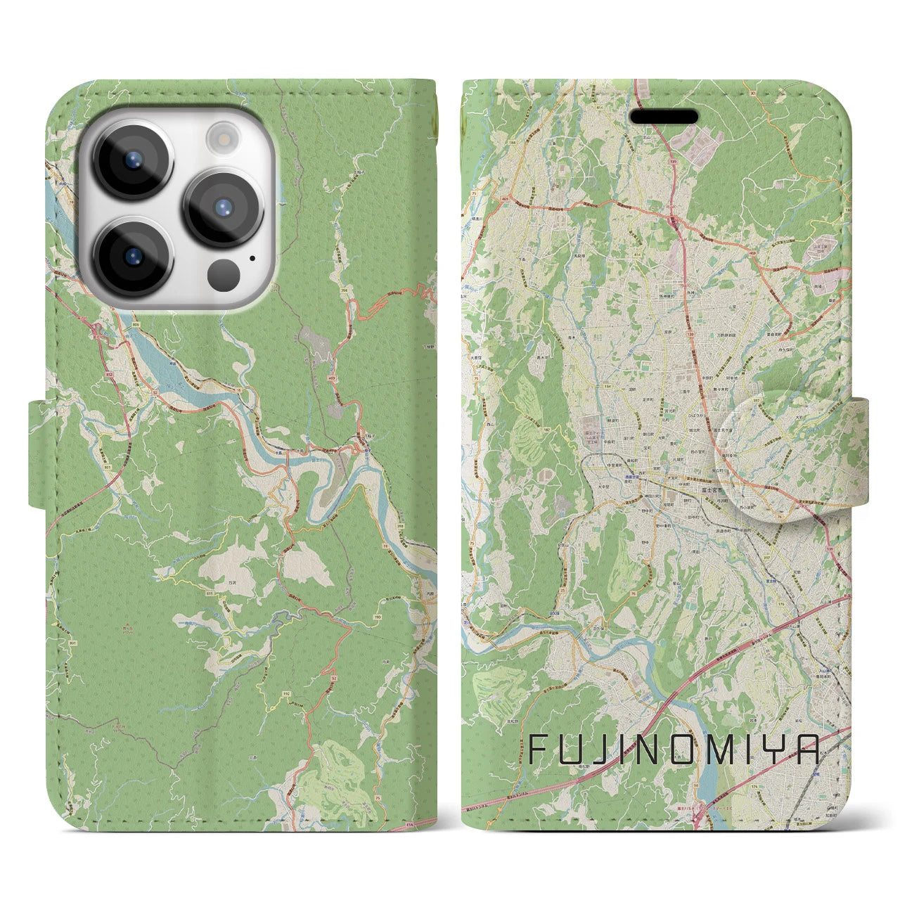 【富士宮(静岡県)】地図柄iPhoneケース(手帳タイプ)ナチュラル・iPhone 14 Pro 用