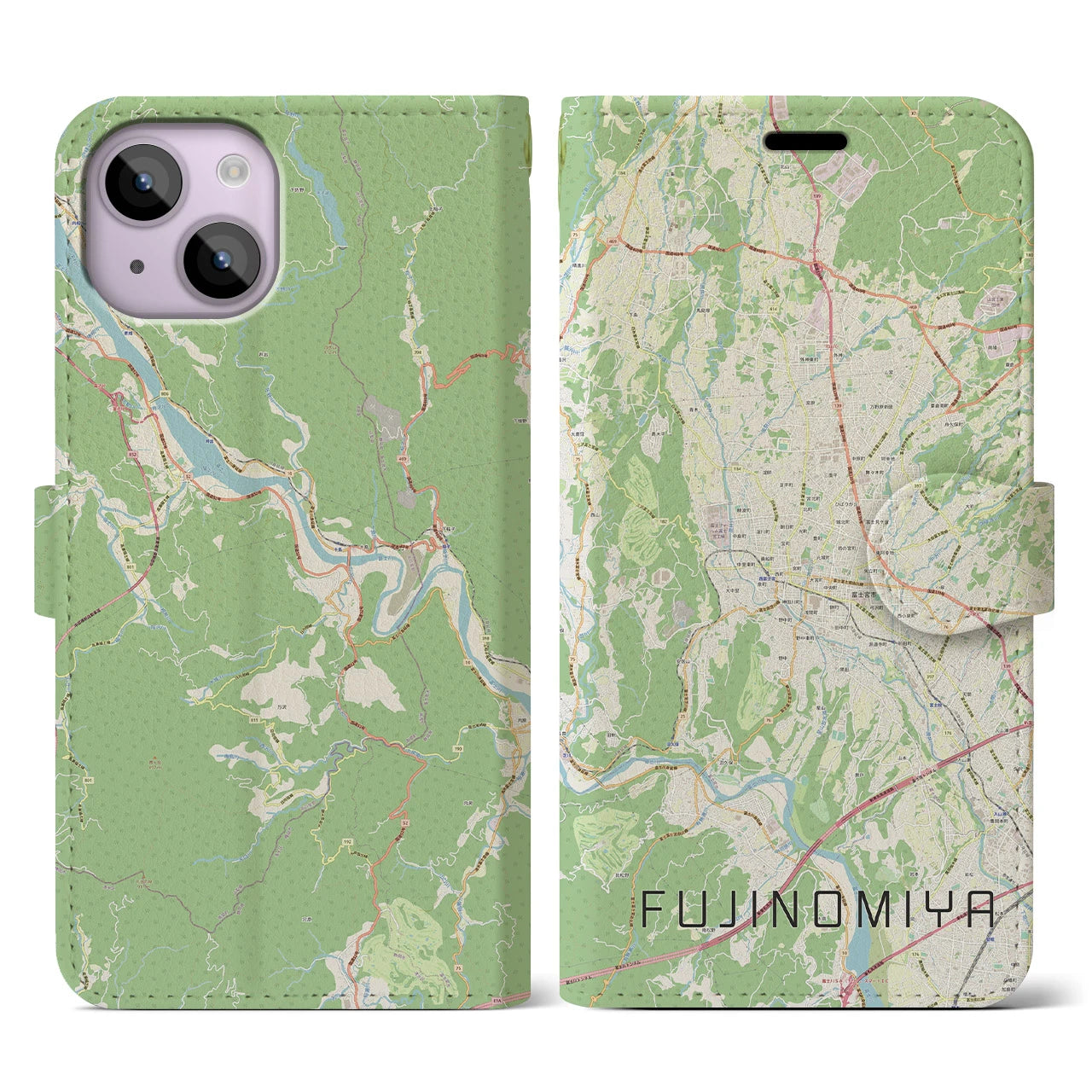 【富士宮(静岡県)】地図柄iPhoneケース(手帳タイプ)ナチュラル・iPhone 14 用