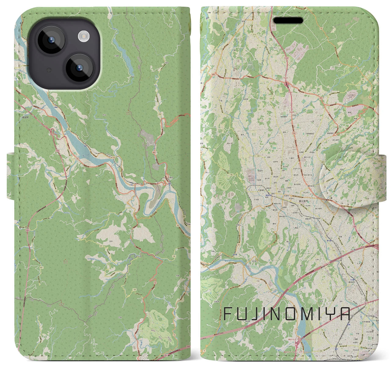 【富士宮(静岡県)】地図柄iPhoneケース(手帳タイプ)ナチュラル・iPhone 14 Plus 用