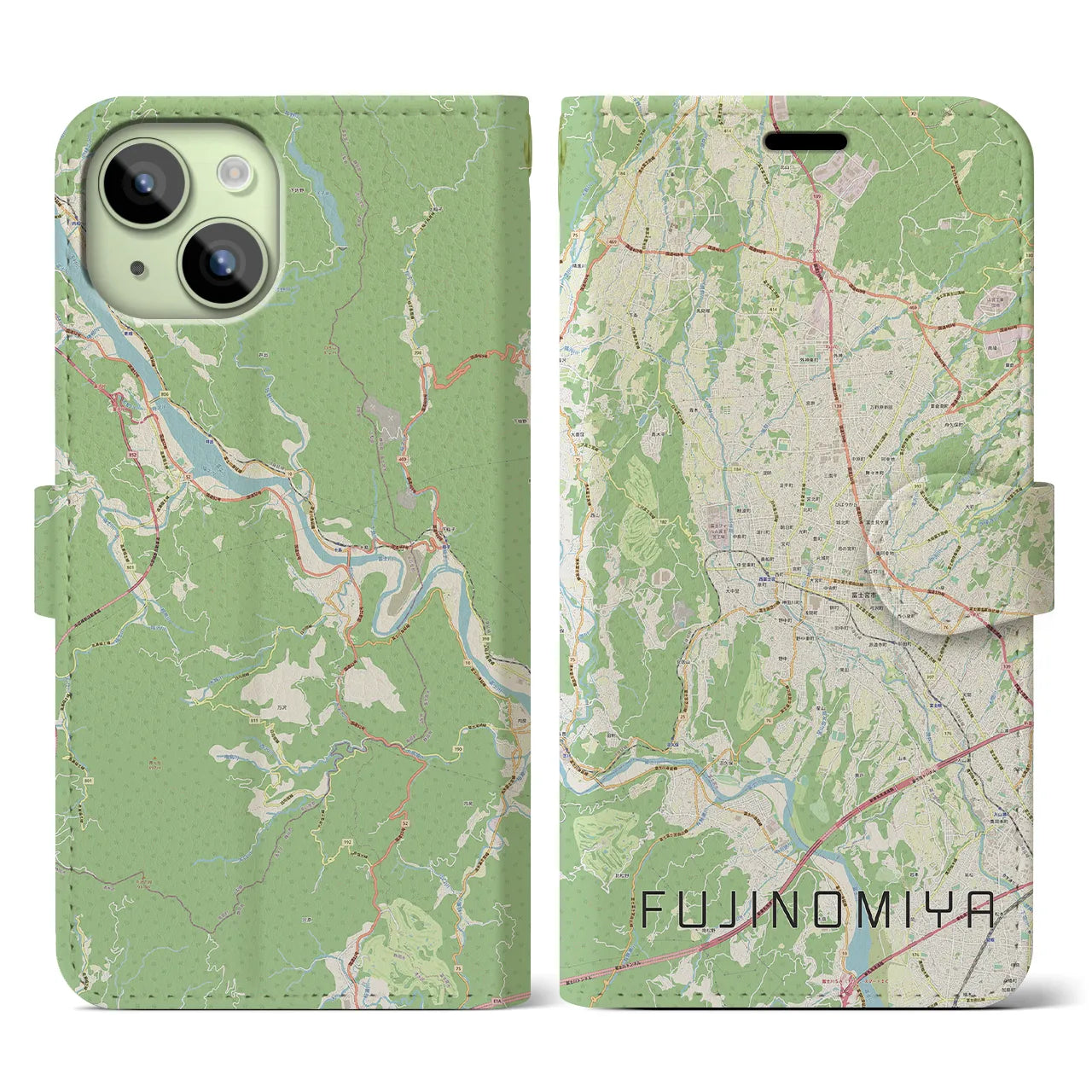 【富士宮(静岡県)】地図柄iPhoneケース(手帳タイプ)ナチュラル・iPhone 15 用