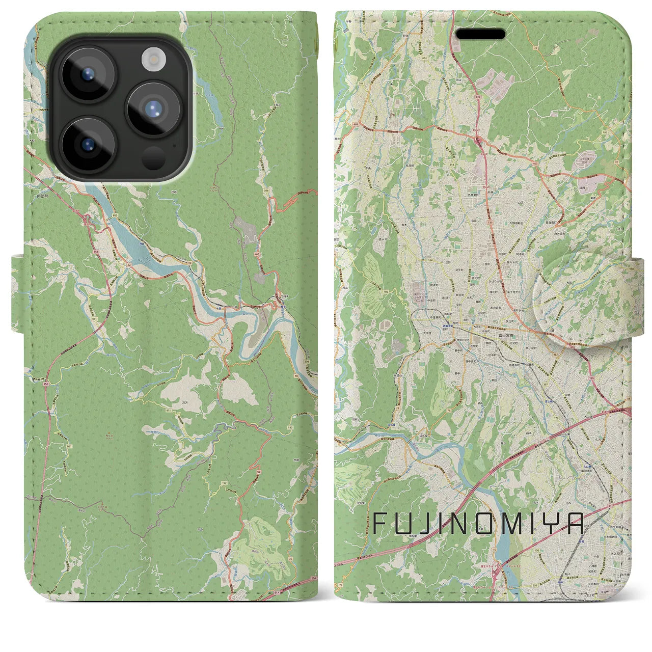 【富士宮(静岡県)】地図柄iPhoneケース(手帳タイプ)ナチュラル・iPhone 15 Pro Max 用