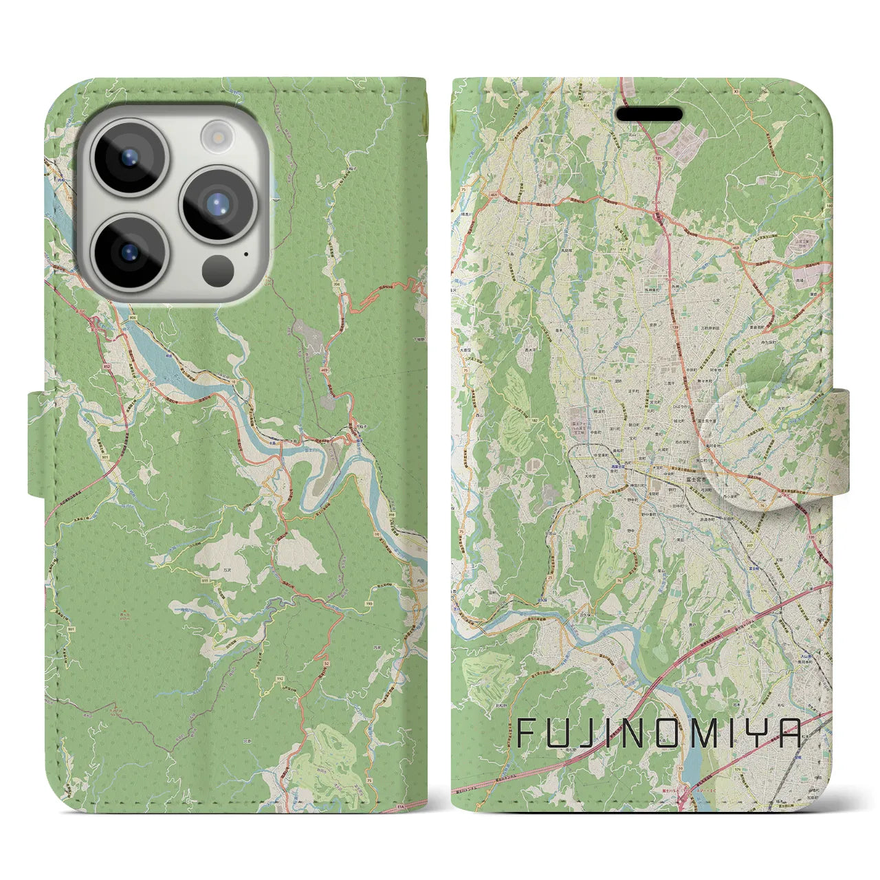 【富士宮(静岡県)】地図柄iPhoneケース(手帳タイプ)ナチュラル・iPhone 15 Pro 用