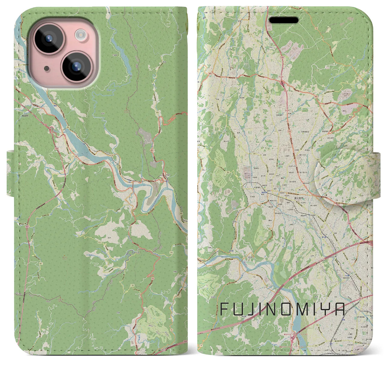 【富士宮(静岡県)】地図柄iPhoneケース(手帳タイプ)ナチュラル・iPhone 15 Plus 用