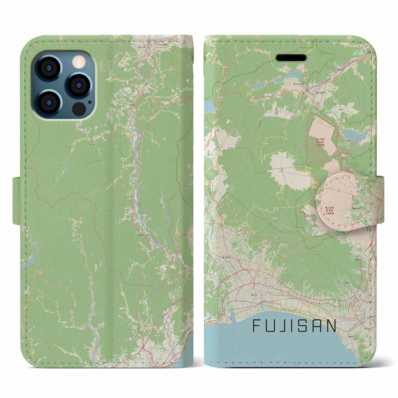 【富士山(静岡県)】地図柄iPhoneケース(手帳タイプ)ナチュラル・iPhone 12 / 12 Pro 用