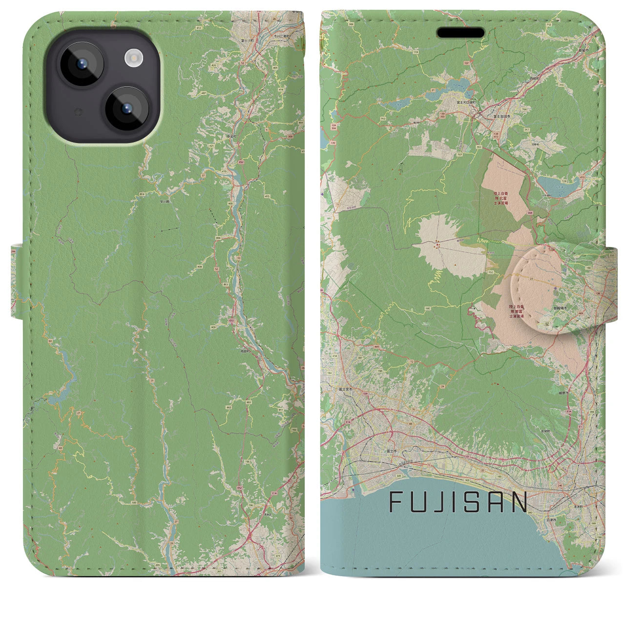 【富士山(静岡県)】地図柄iPhoneケース(手帳タイプ)ナチュラル・iPhone 14 Plus 用