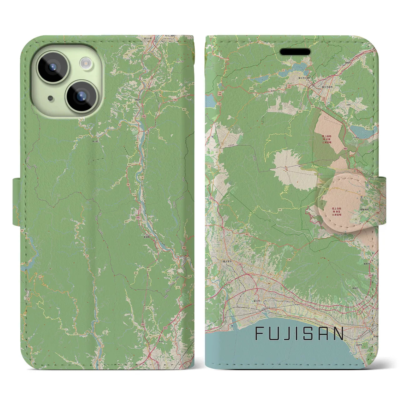 【富士山(静岡県)】地図柄iPhoneケース(手帳タイプ)ナチュラル・iPhone 15 用