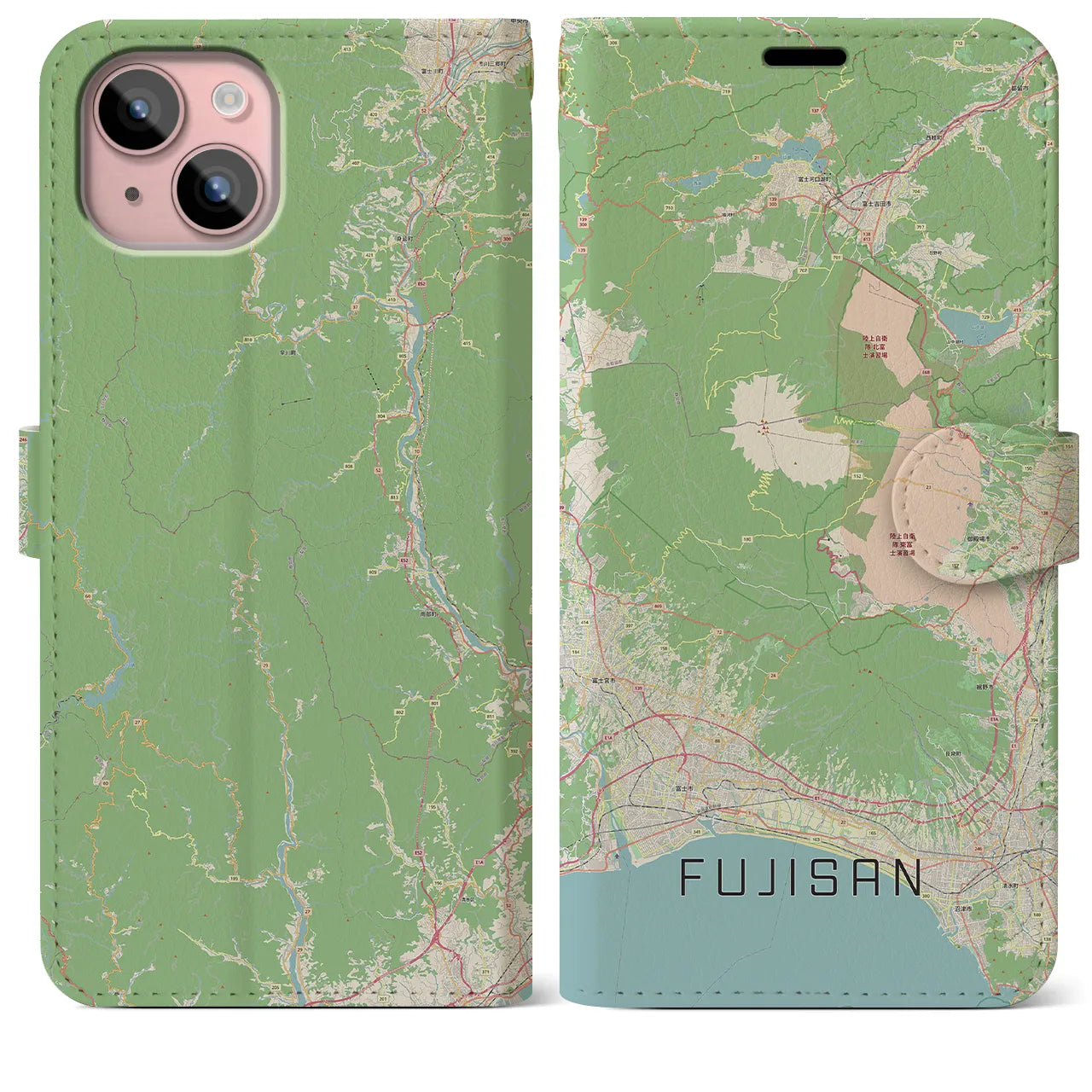 【富士山(静岡県)】地図柄iPhoneケース(手帳タイプ)ナチュラル・iPhone 15 Plus 用