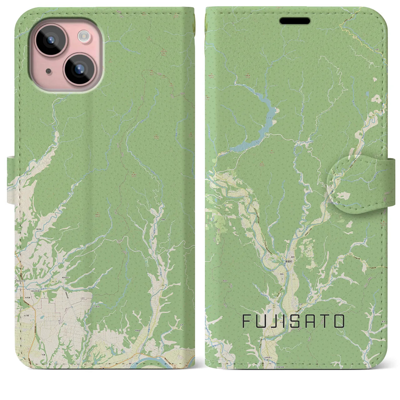 【藤里(秋田県)】地図柄iPhoneケース(手帳タイプ)ナチュラル・iPhone 15 Plus 用