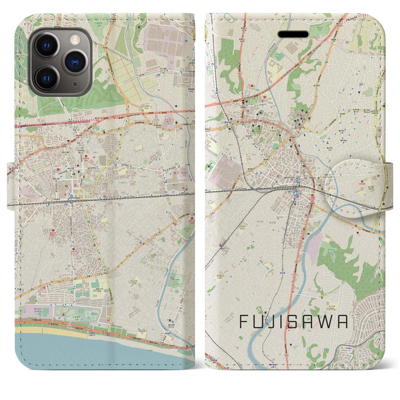 【藤沢(神奈川県)】地図柄iPhoneケース(手帳タイプ)ナチュラル・iPhone 11 Pro Max 用