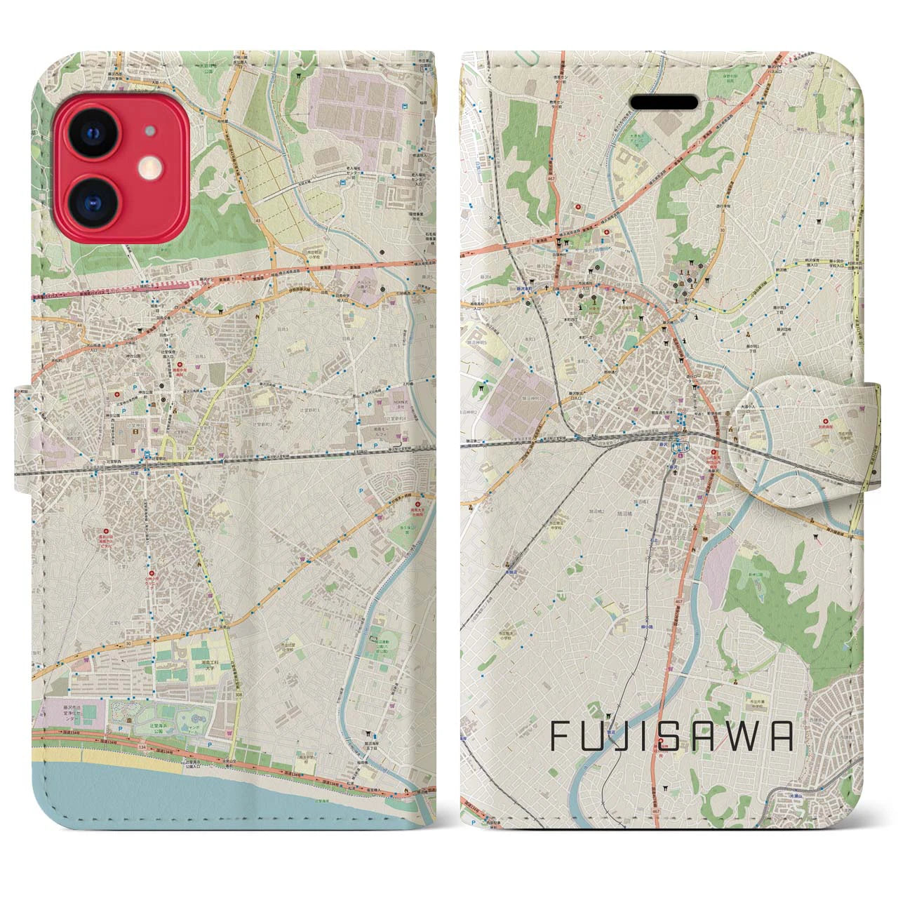 【藤沢(神奈川県)】地図柄iPhoneケース(手帳タイプ)ナチュラル・iPhone 11 用