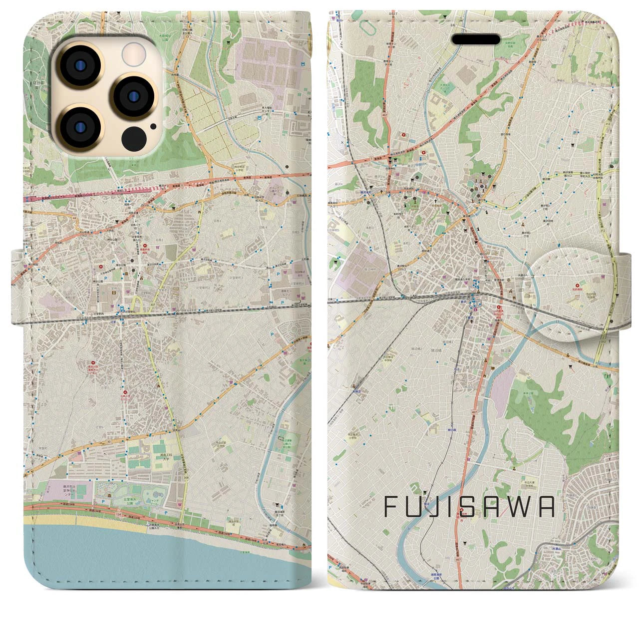 【藤沢(神奈川県)】地図柄iPhoneケース(手帳タイプ)ナチュラル・iPhone 12 Pro Max 用