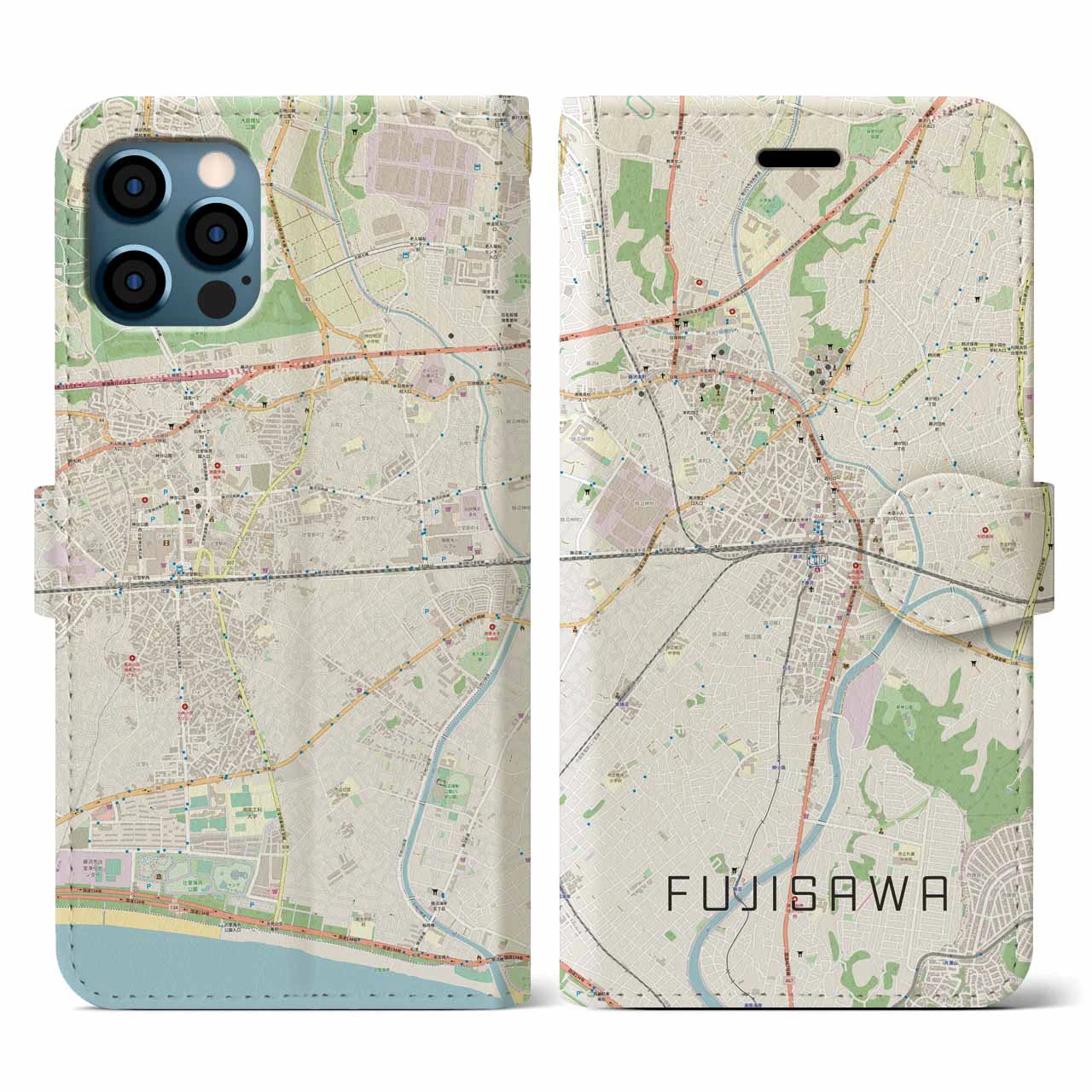 【藤沢(神奈川県)】地図柄iPhoneケース(手帳タイプ)ナチュラル・iPhone 12 / 12 Pro 用
