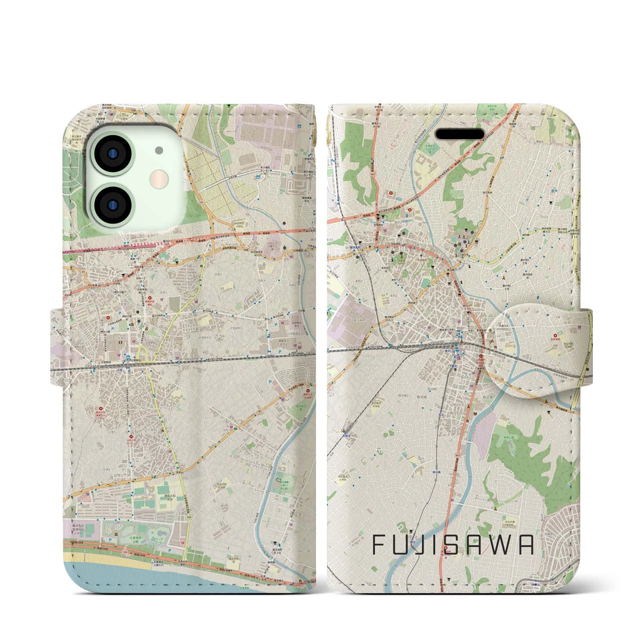 【藤沢(神奈川県)】地図柄iPhoneケース(手帳タイプ)ナチュラル・iPhone 12 mini 用