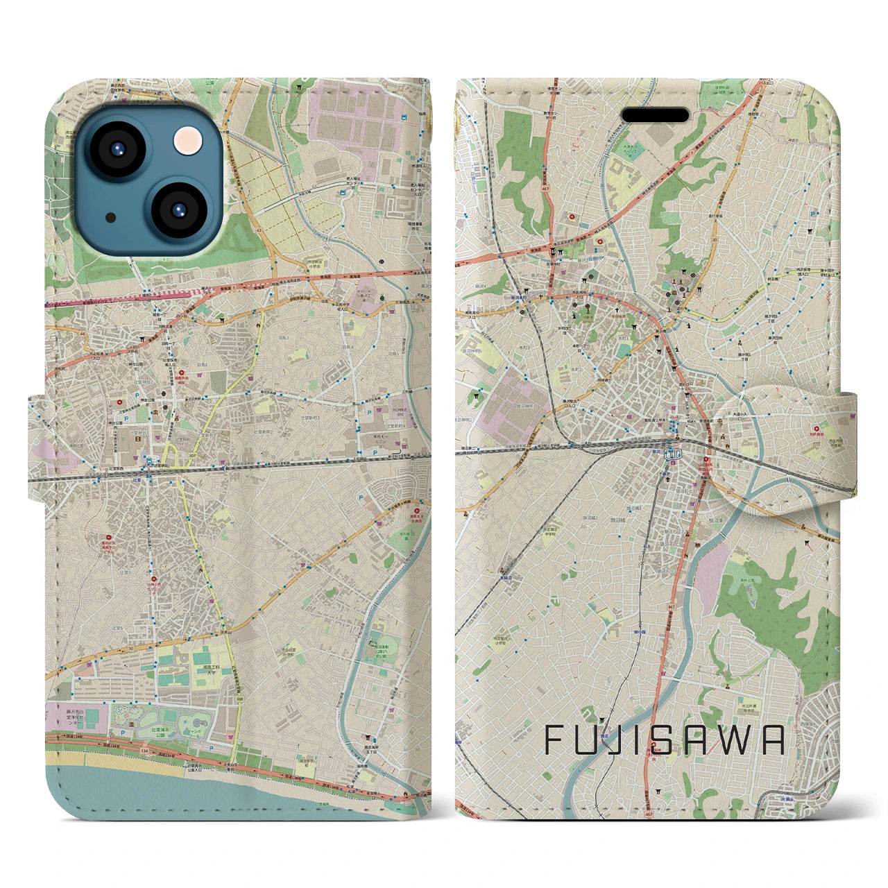 【藤沢(神奈川県)】地図柄iPhoneケース(手帳タイプ)ナチュラル・iPhone 13 用