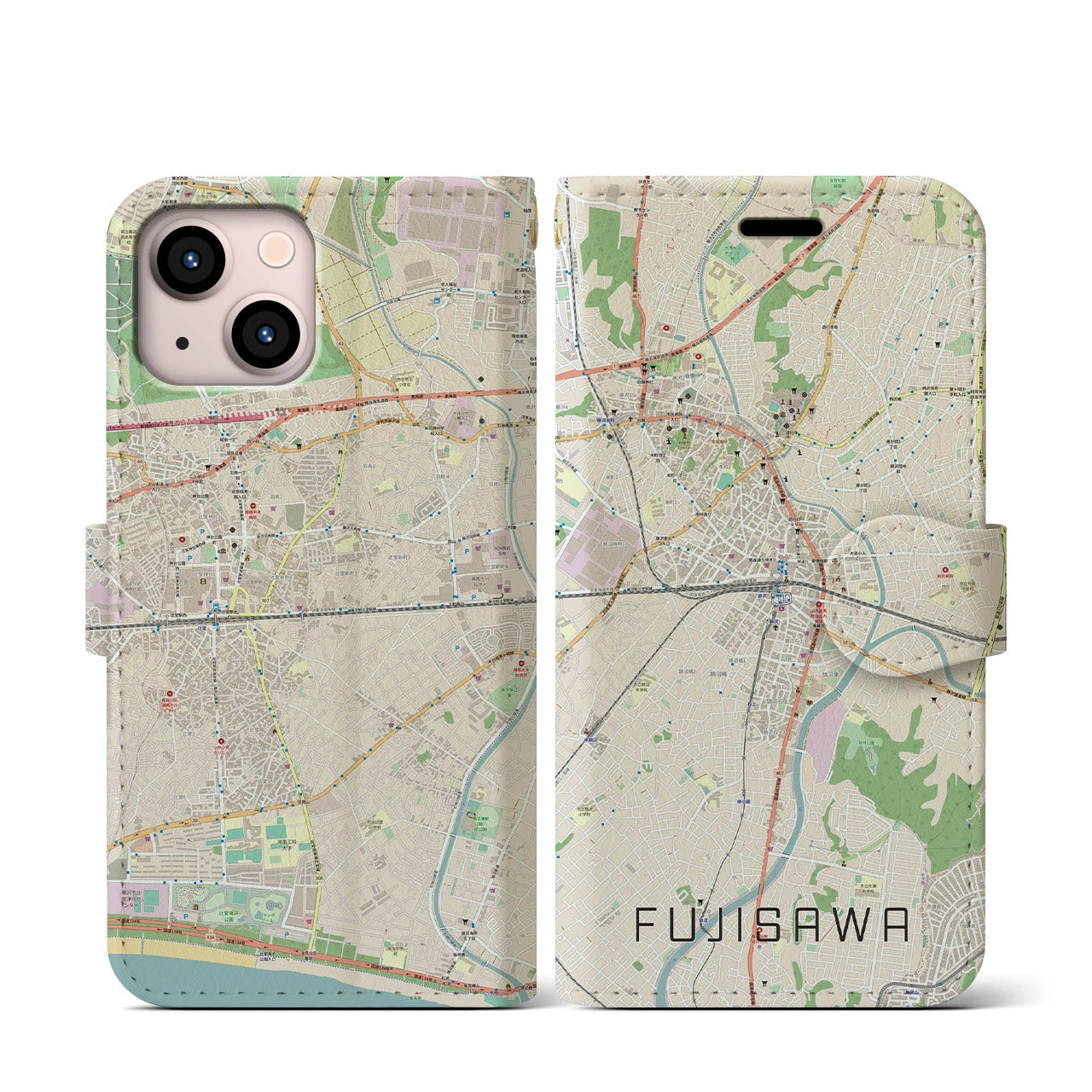 【藤沢(神奈川県)】地図柄iPhoneケース(手帳タイプ)ナチュラル・iPhone 13 mini 用