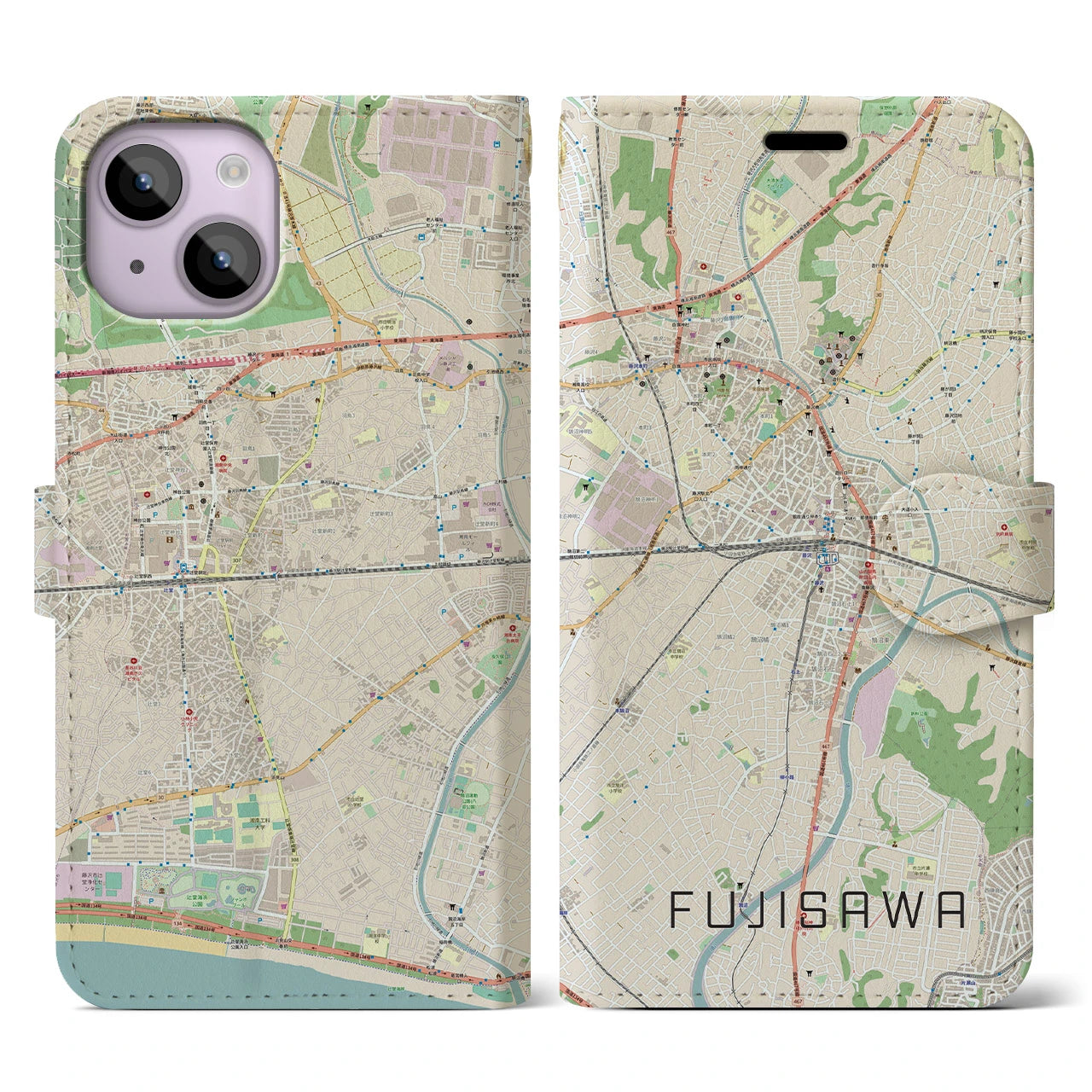 【藤沢(神奈川県)】地図柄iPhoneケース(手帳タイプ)ナチュラル・iPhone 14 用