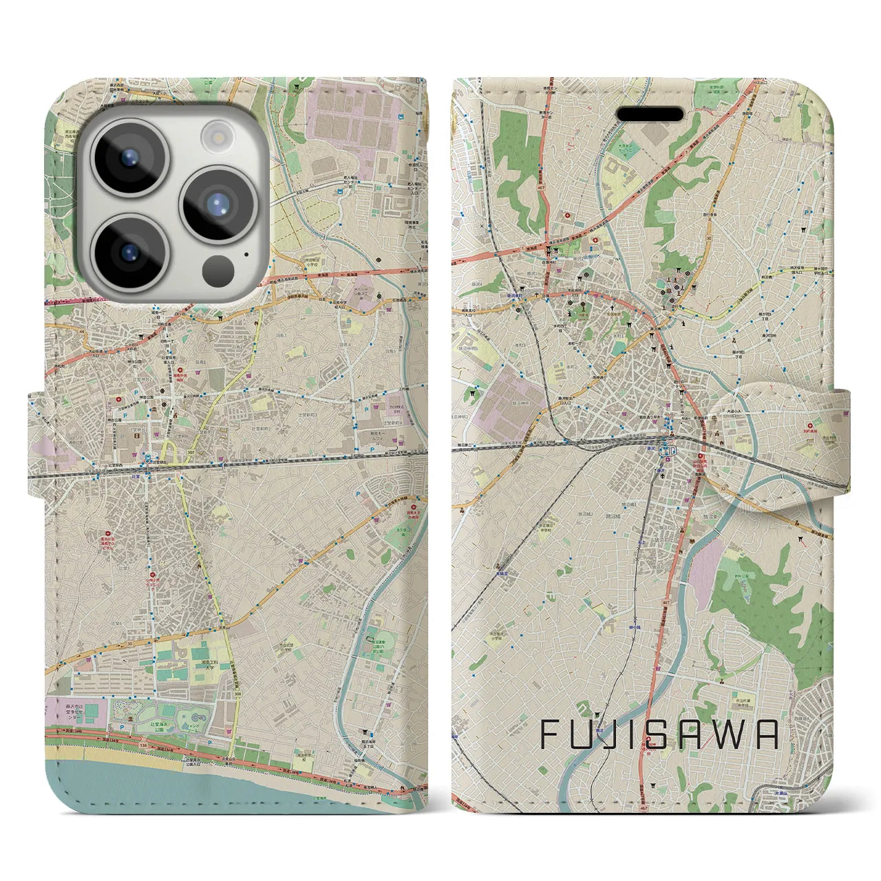 【藤沢(神奈川県)】地図柄iPhoneケース(手帳タイプ)ナチュラル・iPhone 15 Pro 用