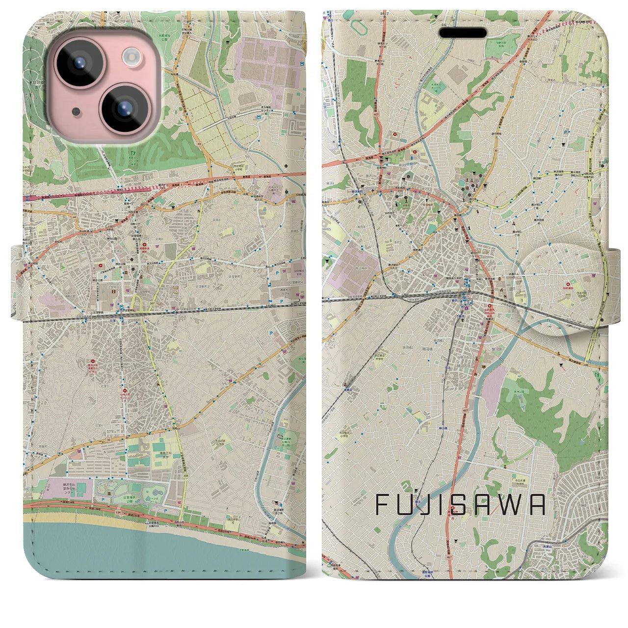 【藤沢(神奈川県)】地図柄iPhoneケース(手帳タイプ)ナチュラル・iPhone 15 Plus 用