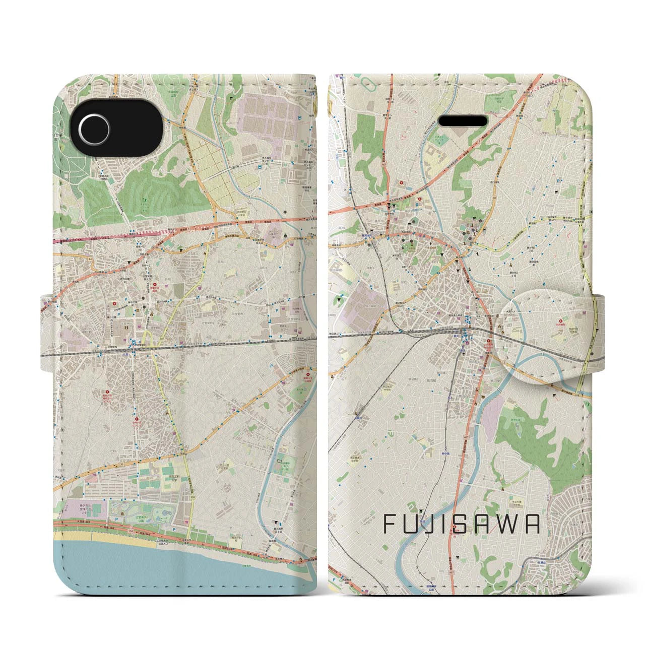 【藤沢(神奈川県)】地図柄iPhoneケース(手帳タイプ)ナチュラル・iPhone SE(第3 / 第2世代) / 8 / 7 / 6s / 6 用