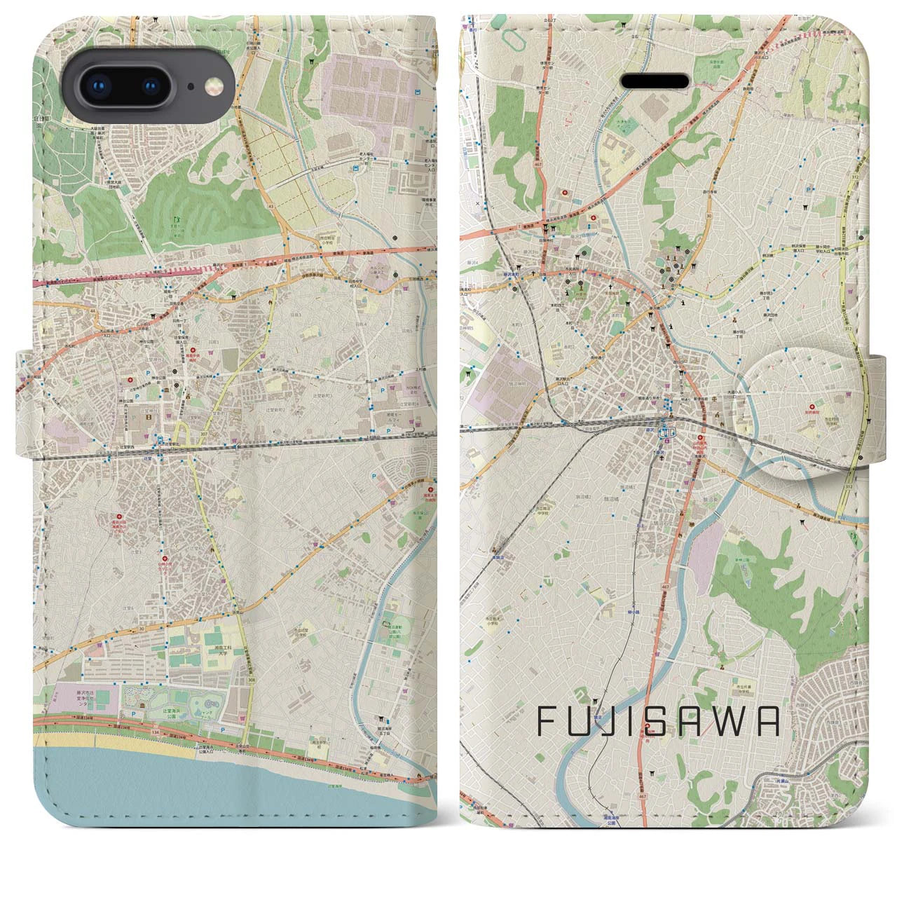【藤沢(神奈川県)】地図柄iPhoneケース(手帳タイプ)ナチュラル・iPhone 8Plus /7Plus / 6sPlus / 6Plus 用